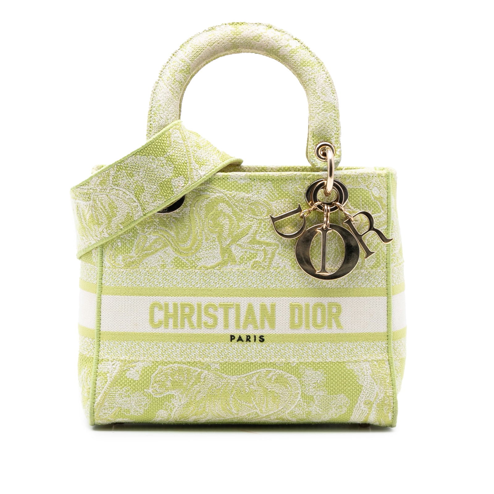 Dior Lady D-Lite Medium Green Embroidered Canvas Toile de Jouy Handbag: Dior Lady D-Lite Medium Green Embroidered Canvas Toile de Jouy Handbag This Dior Medium Embroidered Canvas Toile de Jouy Lady D-Lite handbag features an embroidered canvas body with flat embroidered h