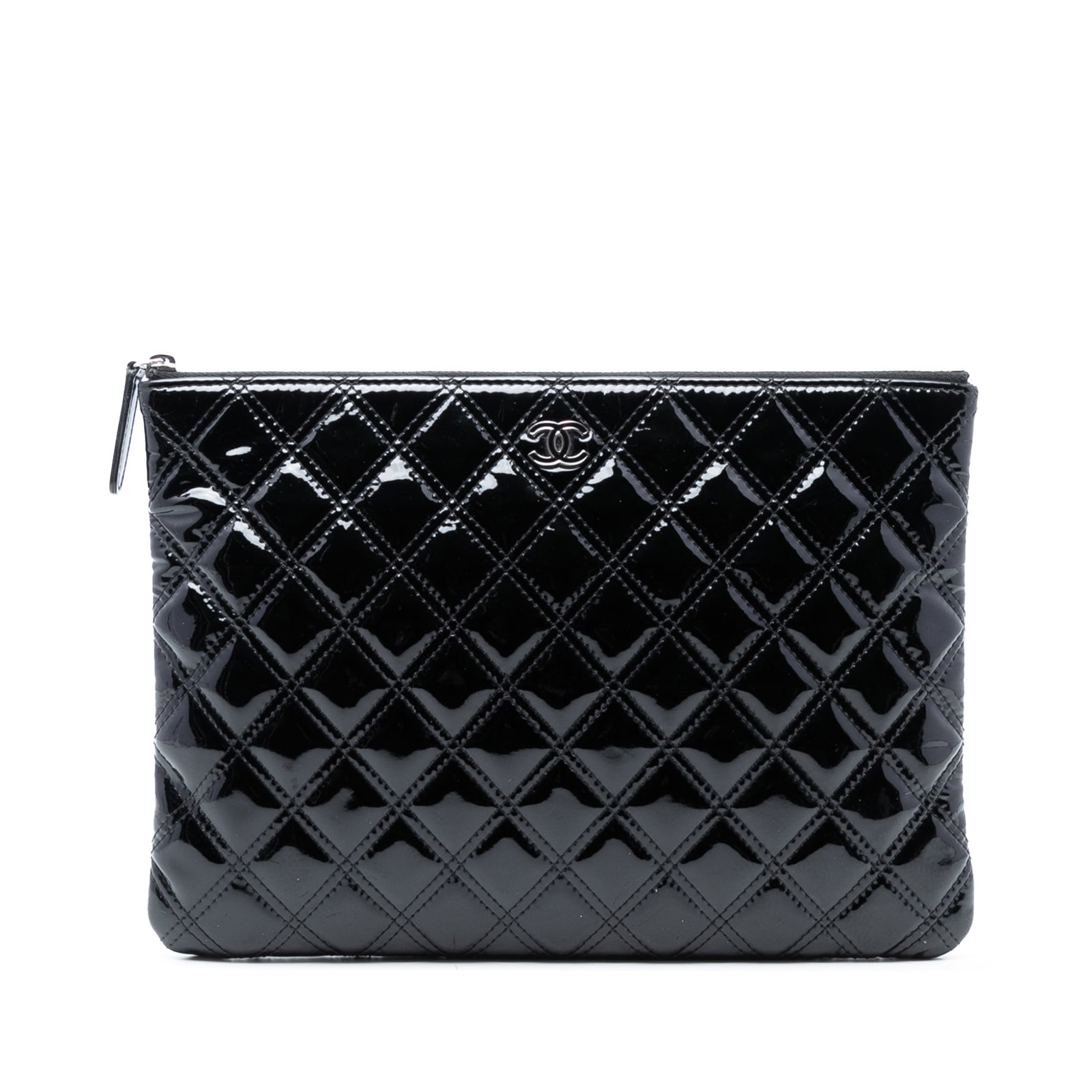 Chanel Black Patent Leather Quilted Medium O Case Clutch Bag: Chanel Black Patent Leather Quilted Medium O Case Clutch Bag This clutch features a quilted patent leather body in black with a top zip closure. It is categorized as the Medium Quilted Patent Double S