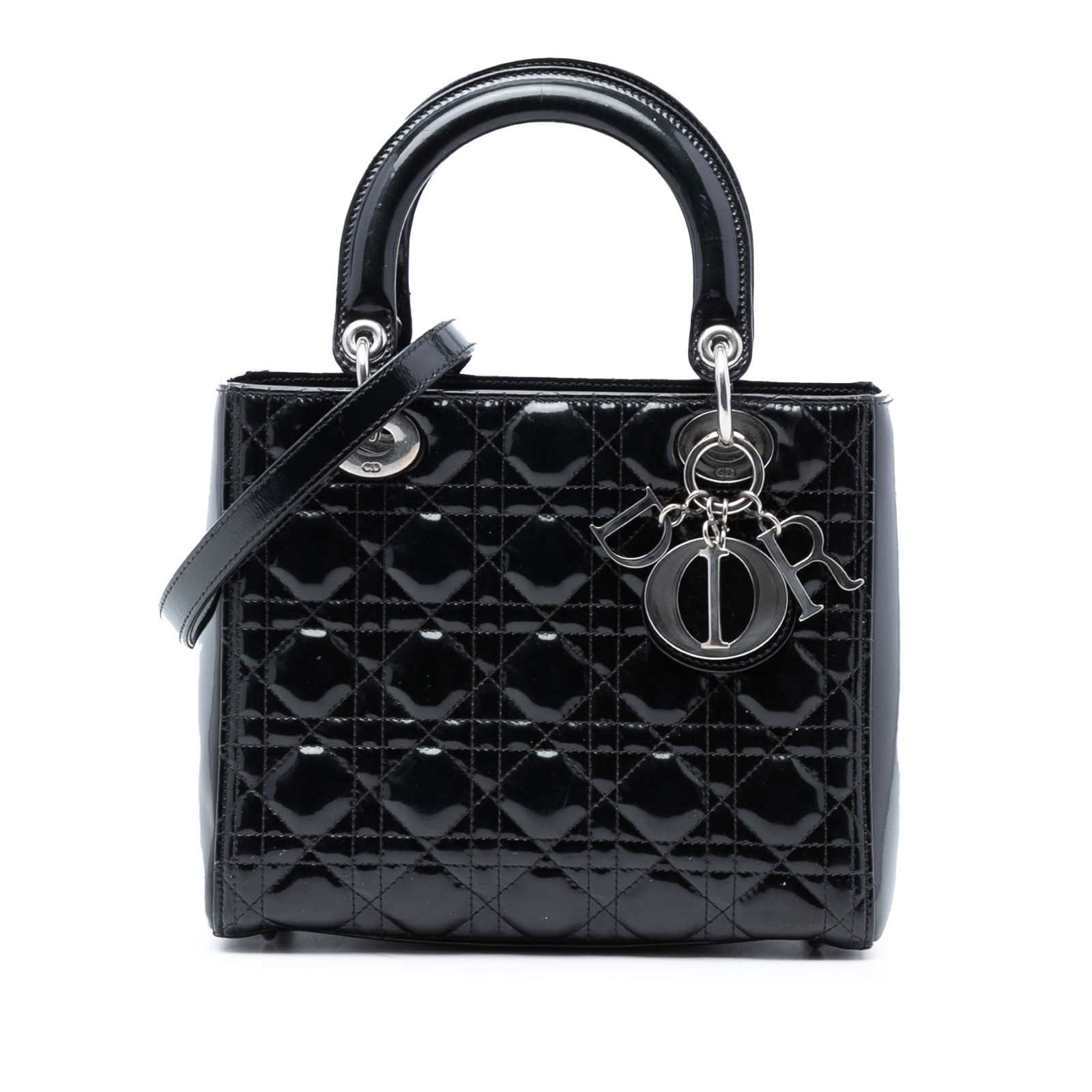 Dior Lady Dior Black Patent Leather Medium Cannage Shoulder Bag: Dior Lady Dior Black Patent Leather Medium Cannage Shoulder Bag This Medium Patent Cannage Lady Dior bag features a quilted black patent leather exterior with flat leather top handles and a detachable