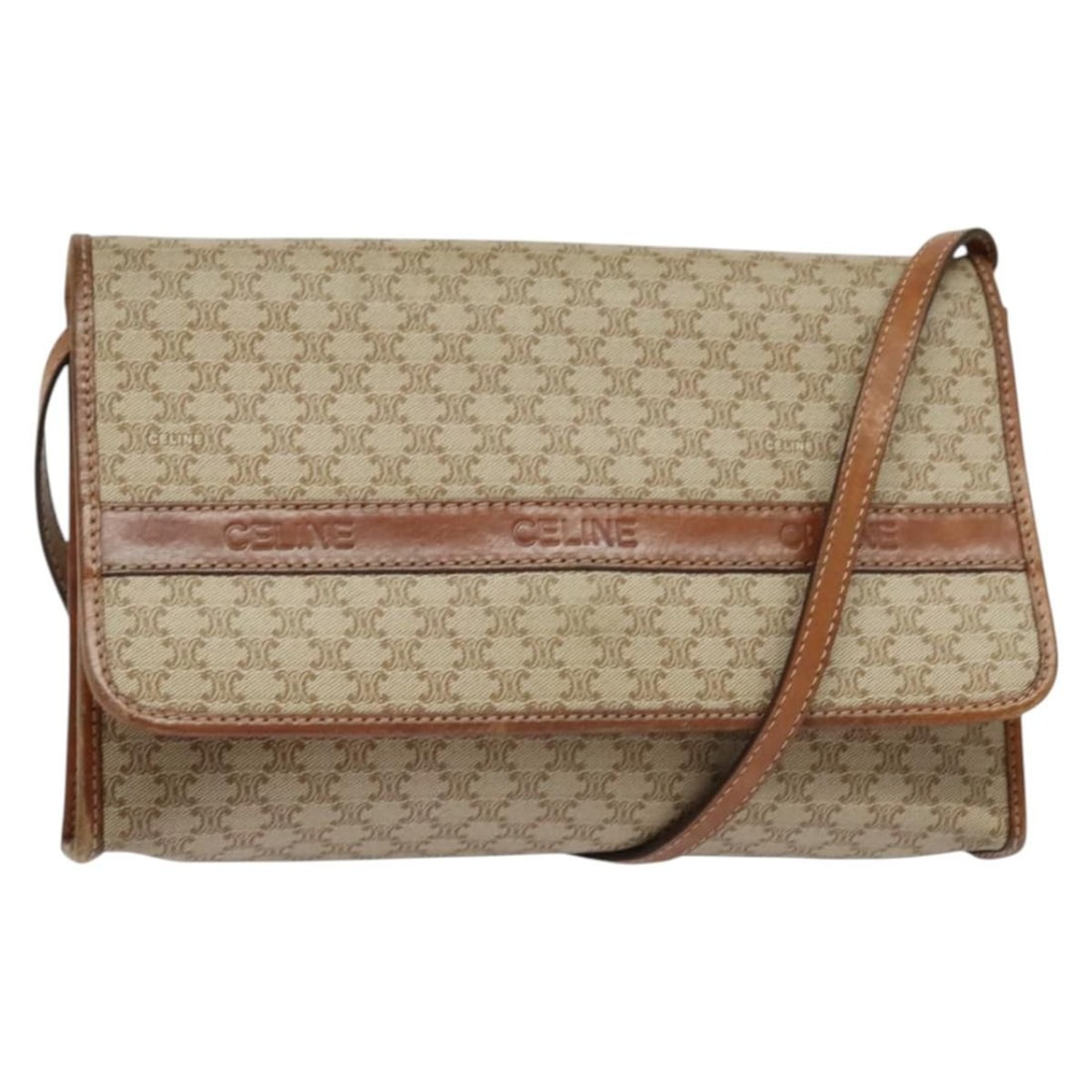 Vintage Macadam Canvas and Leather Shoulder Bag by Celine: Vintage Macadam Canvas and Leather Shoulder Bag by Celine This vintage Celine Macadam shoulder bag features a beige canvas body with leather accents, designed for women. The bag shows signs of wear in