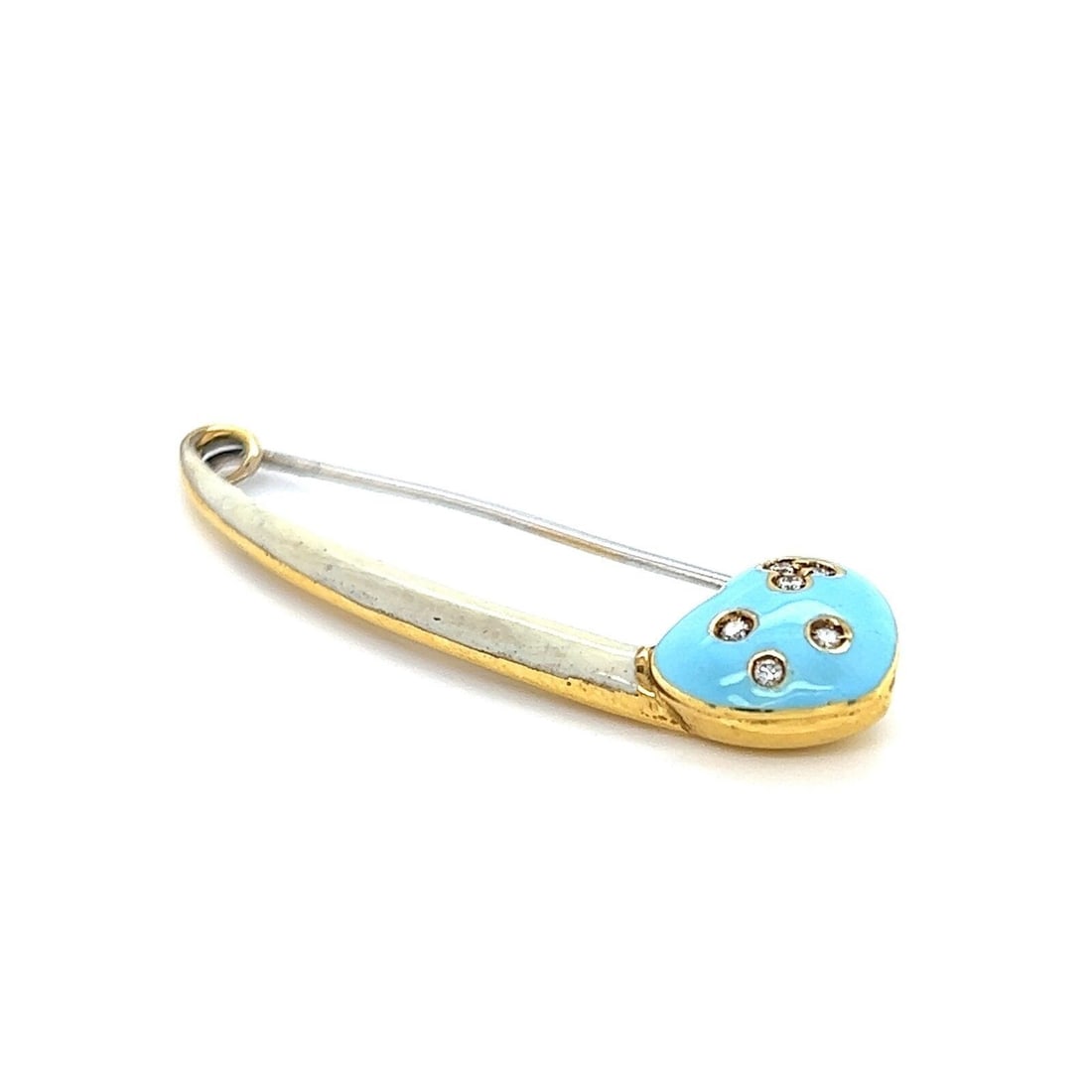 Diamond and Enamel Baby Safety Pin Brooch by Aaron Basha: Diamond and Enamel Baby Safety Pin Brooch by Aaron Basha The Aaron Basha Diamond Enamel Baby Safety Pin Brooch showcases a blend of luxury and craftsmanship. This original brooch features a lustrous e