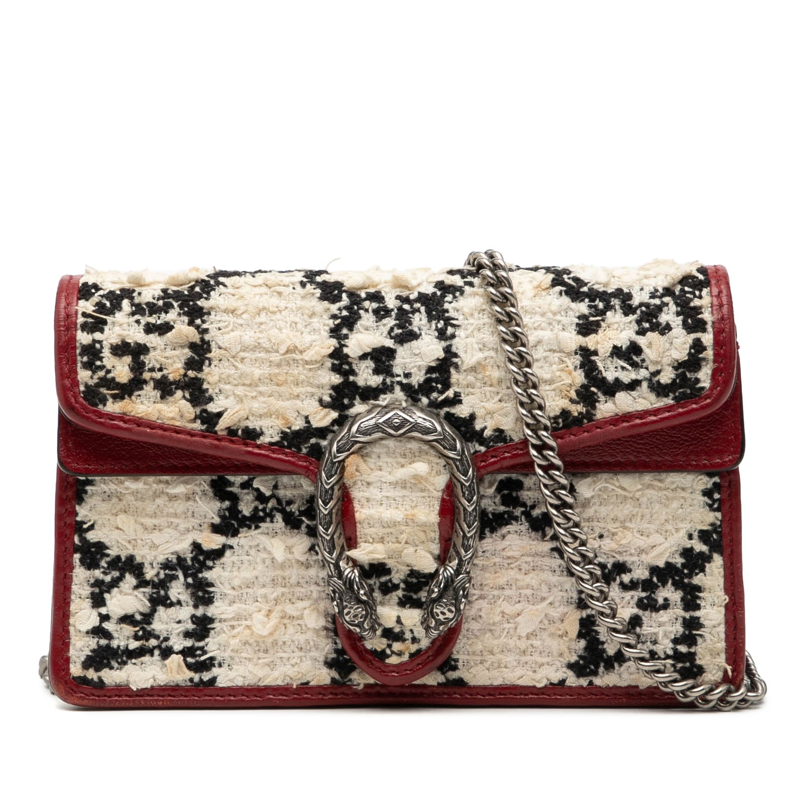 Mini Dionysus Tweed Crossbody Bag with Leather Trim by Gucci: Mini Dionysus Tweed Crossbody Bag with Leather Trim by Gucci The Gucci Mini GG Tweed Dionysus Crossbody showcases a tweed body complemented by leather trim, a chain link strap, and a top flap with a p