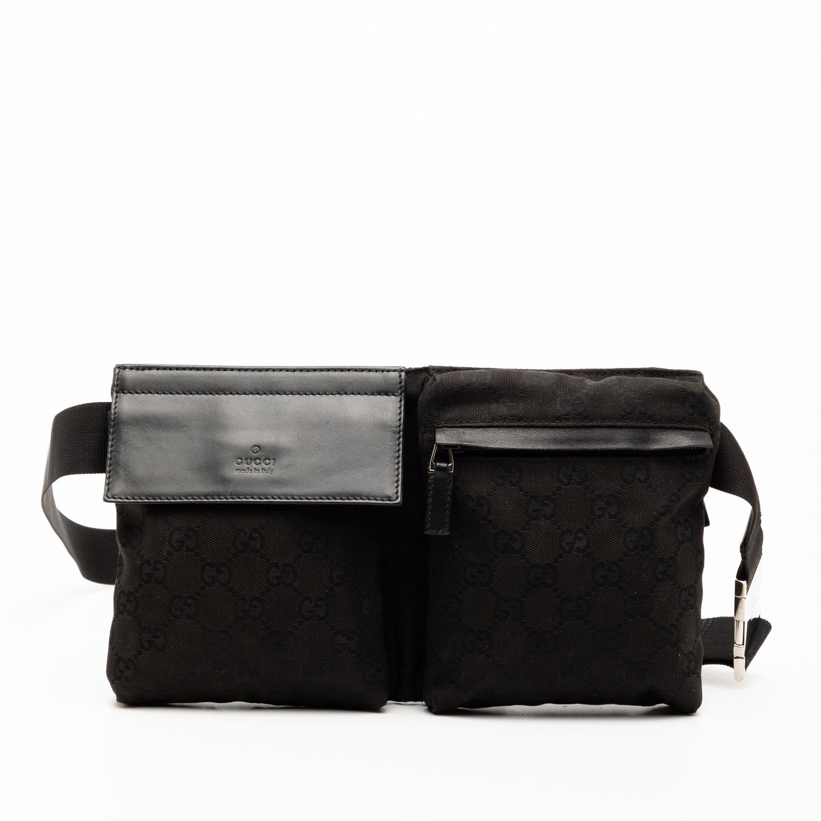 Gucci GG Canvas Black Double Pocket Waist Belt Bag with Leather Trim (1 of 7)