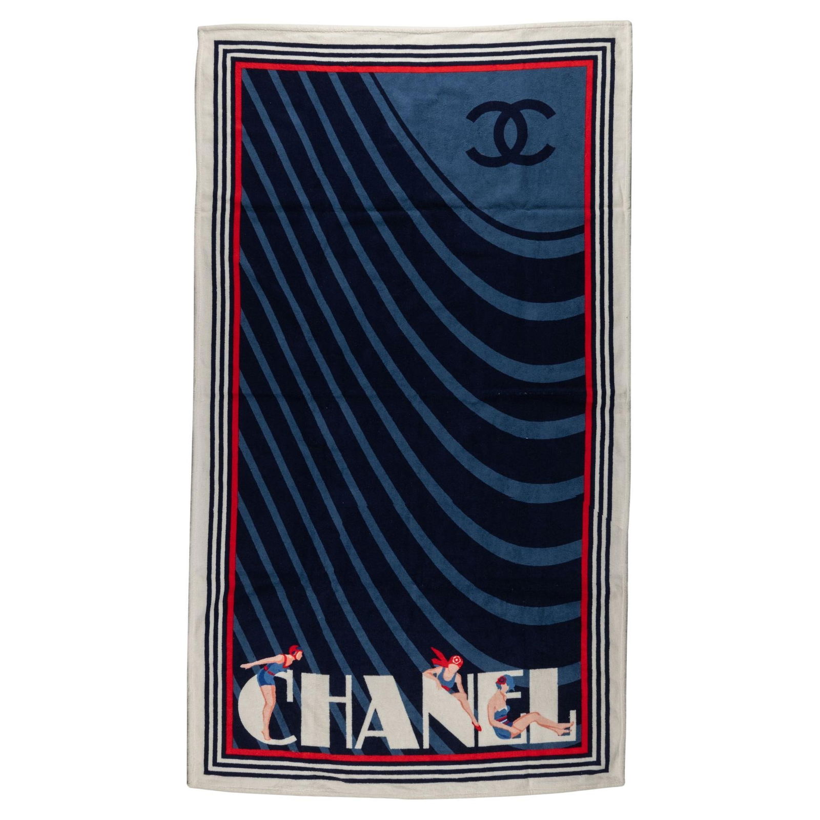 Chanel Baigneuses Vintage Terry Cotton Beach Towel 70x40 in Italy: Chanel Baigneuses Vintage Terry Cotton Beach Towel 70x40 in Italy Elevate your beach experience with the Chanel Baigneuses Terry Beach Towel. Crafted from luxurious terry cotton, this towel measures 7