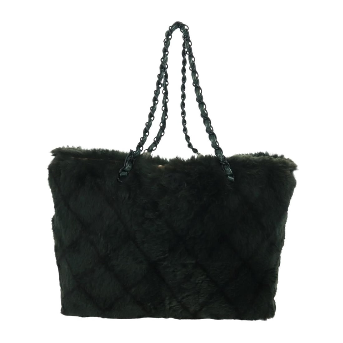 Green Fur Tote Bag by Chanel with Chain Strap: Green Fur Tote Bag by Chanel with Chain Strap Chanel Chain Tote in green lapin fur designed for women. This Italian-made tote features chain handles and metal fittings. The bag shows signs of wear inc