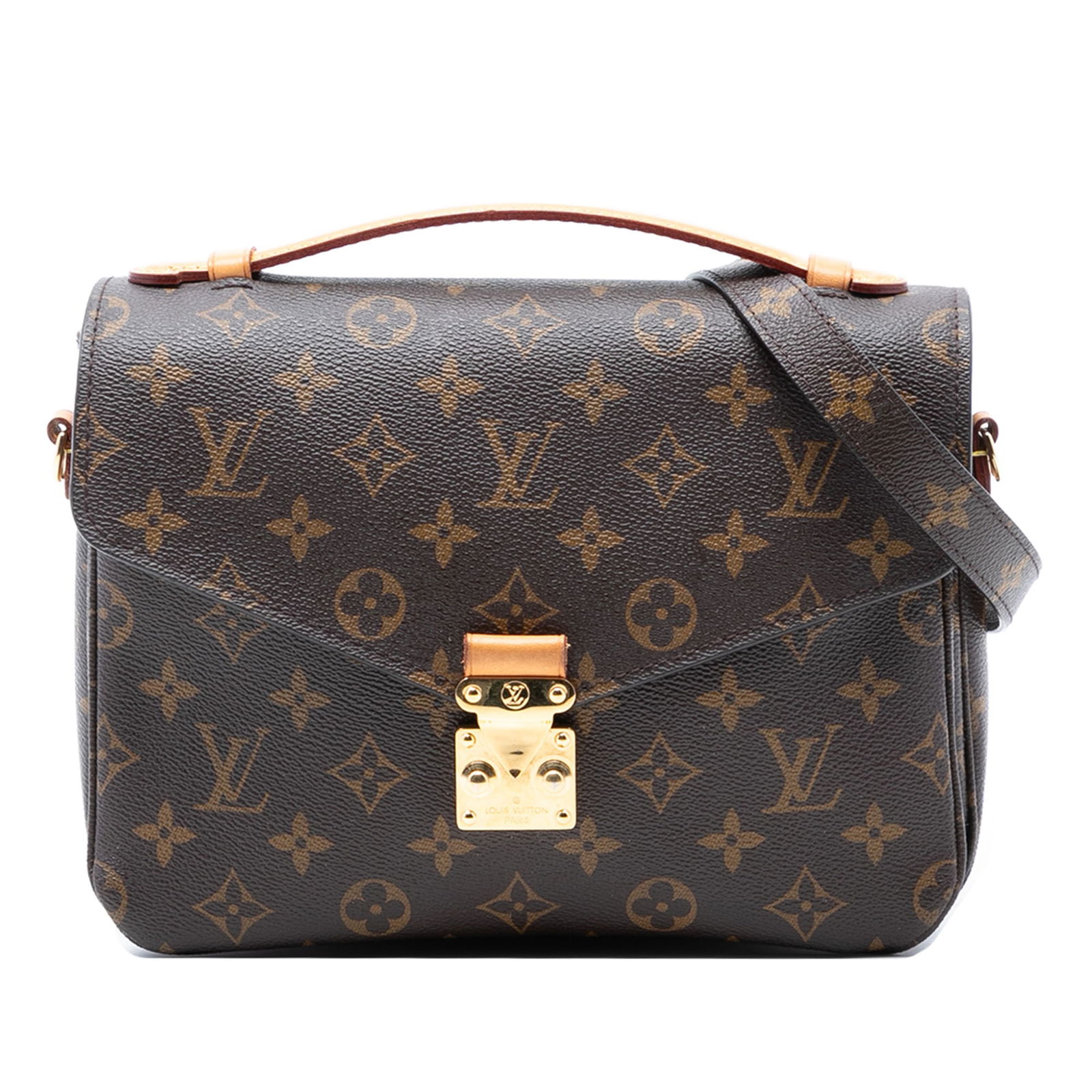 Louis Vuitton Pochette Metis Monogram Canvas Shoulder Bag with S-Lock: Louis Vuitton Pochette Metis Monogram Canvas Shoulder Bag with S-Lock The Louis Vuitton Monogram Pochette Metis features a monogram canvas body with a flat vachetta leather top handle and a detachable