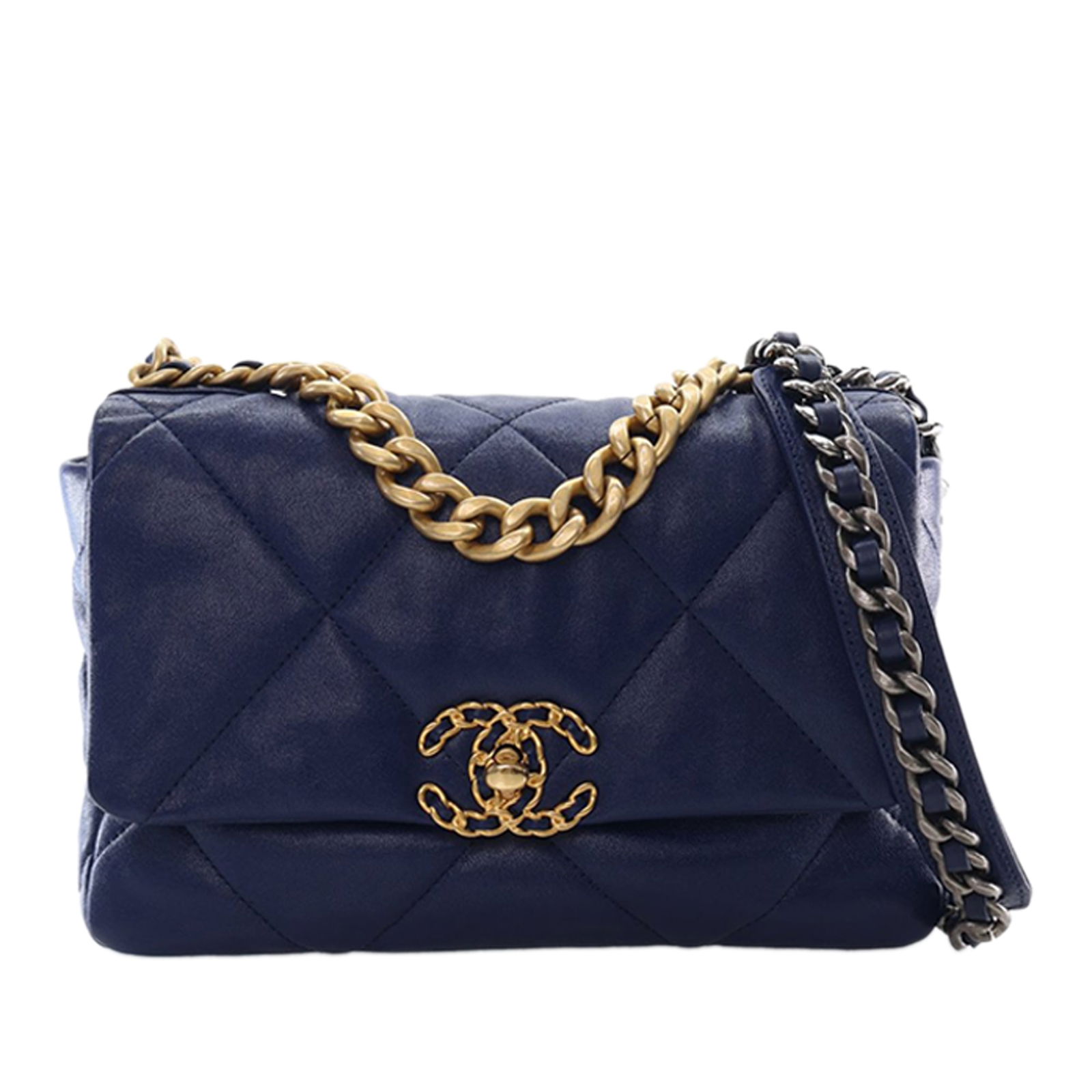 Blue Chanel 19 Medium Quilted Lambskin Flap Bag with Chain Strap: Blue Chanel 19 Medium Quilted Lambskin Flap Bag with Chain Strap This Chanel Medium 19 Flap bag is crafted from quilted lambskin leather in blue and features a gold-tone chain handle, a leather-woven