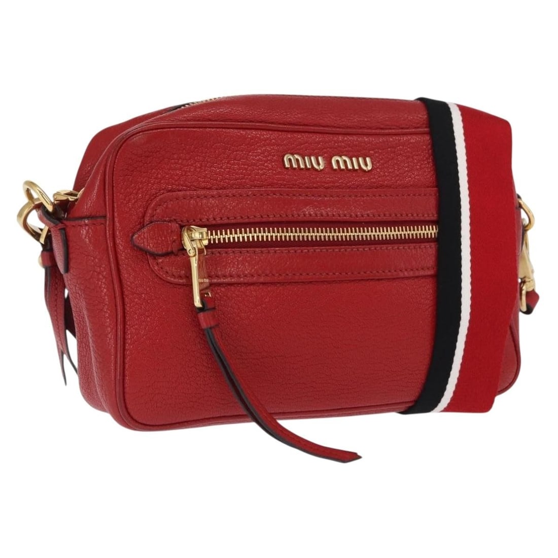 Leather Red and Gold Miu Miu Shoulder Bag with Dust Cover: Leather Red and Gold Miu Miu Shoulder Bag with Dust Cover This Miu Miu shoulder bag features red leather with gold-tone metal fittings. It offers a compact design with dimensions suitable for everyday