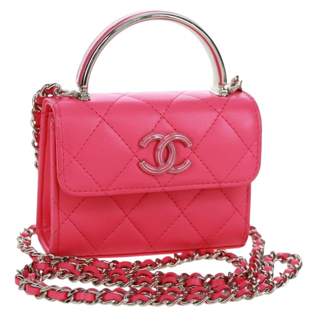 Chanel Pink Lambskin Matelasse Chain Shoulder Bag with Top Handle and Dust Bag: Chanel Pink Lambskin Matelasse Chain Shoulder Bag with Top Handle and Dust Bag This CHANEL Matelasse Top Handle Chain Bag is crafted from pink lambskin leather and features silver-tone accents. Design