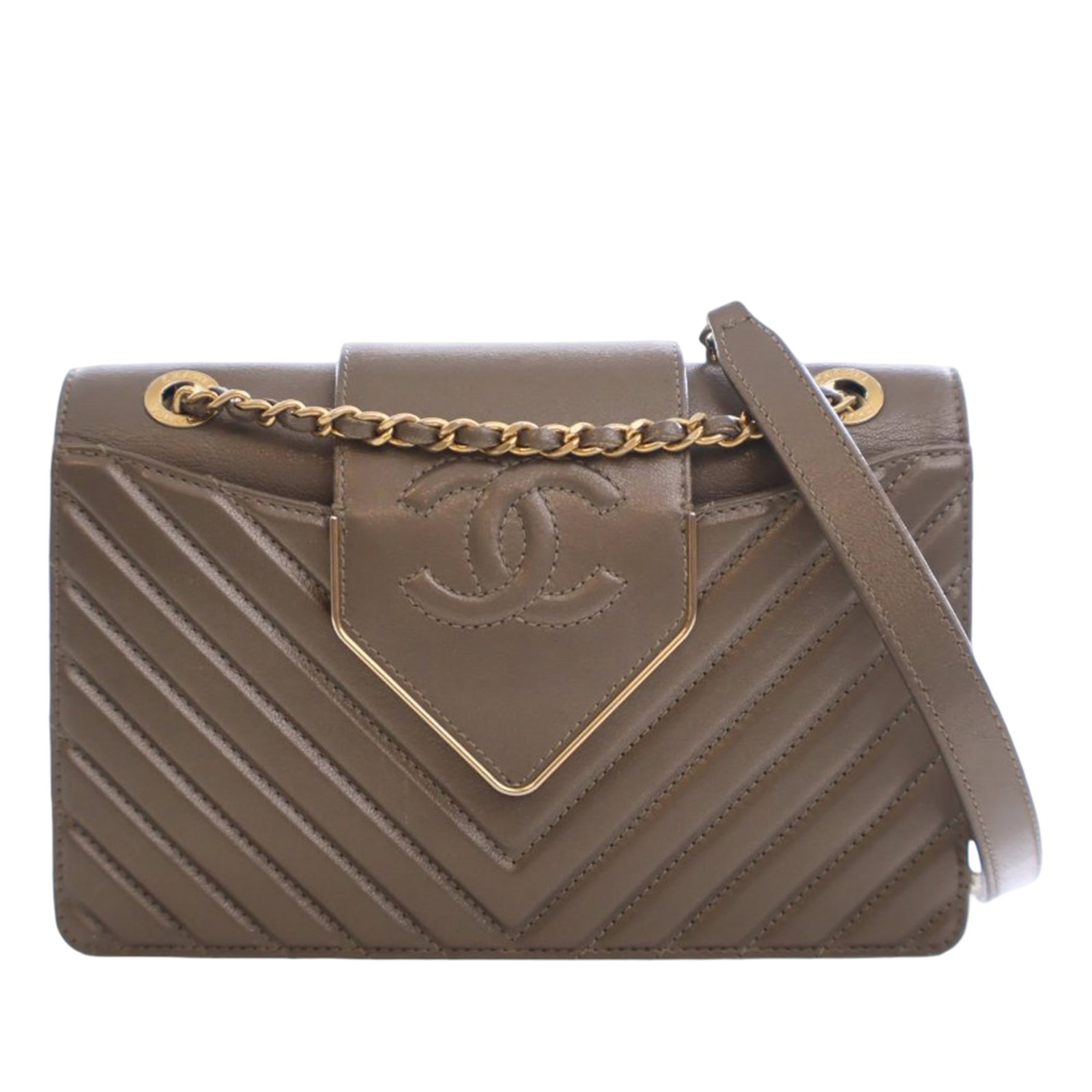 Brown Chanel Mini Chevron Sheepskin Leather Crossbody Bag with Gold Tone Chain: Brown Chanel Mini Chevron Sheepskin Leather Crossbody Bag with Gold Tone Chain This Chanel Mini Chevron Sheepskin Leather Collar and Tie Flap crossbody bag features a quilted sheepskin leather exterio