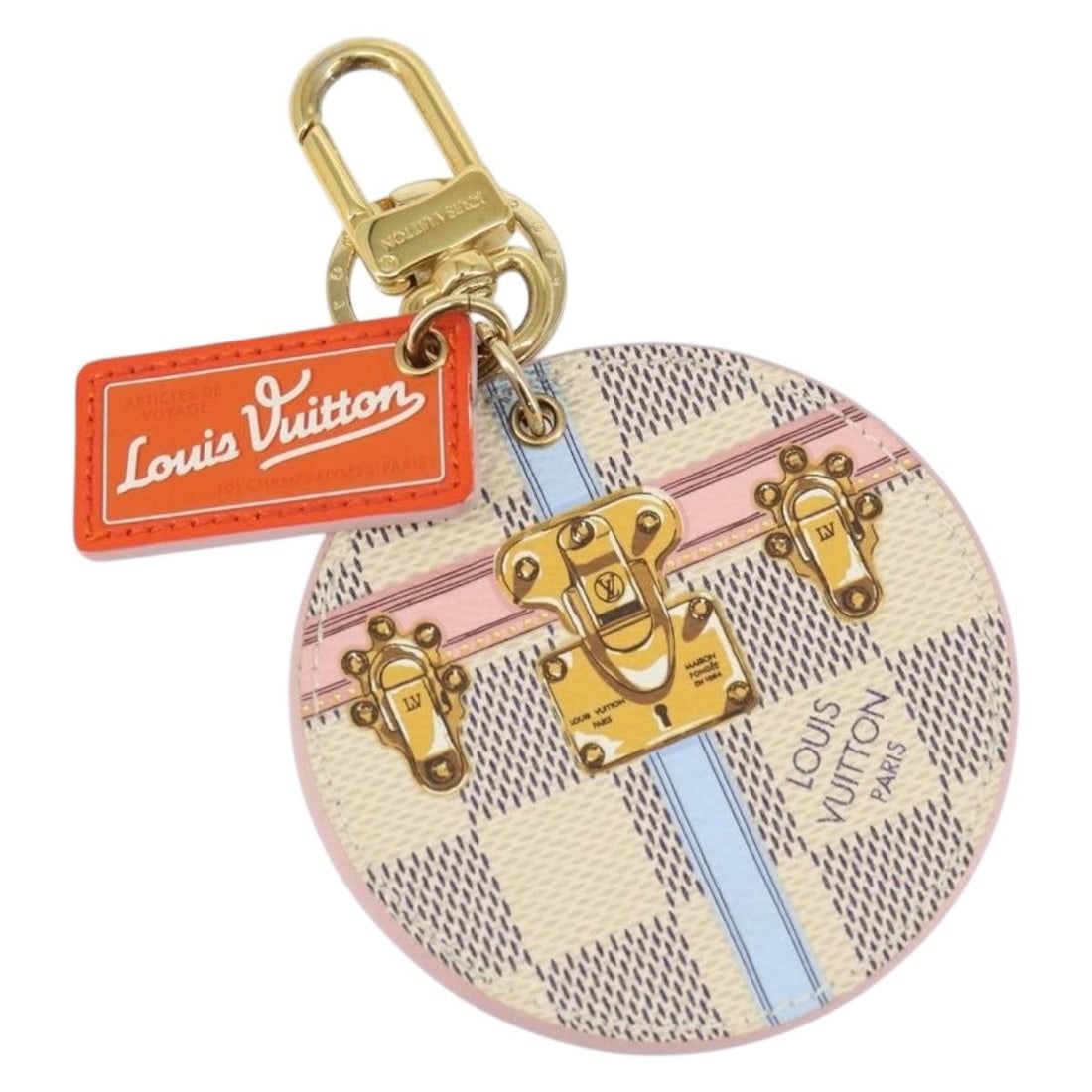 LOUIS VUITTON Damier Azur Key Holder M62573 with Dust Bag: LOUIS VUITTON Damier Azur Key Holder M62573 with Dust Bag Elevate your accessory game with this authentic LOUIS VUITTON Damier Azur Porte Cles Illustrious Summer Trunk key holder. Crafted from durable