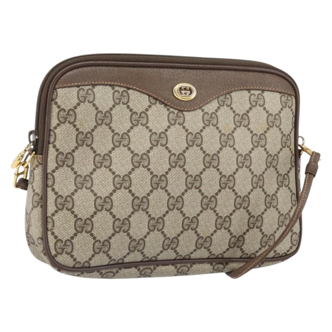 Beige PVC Leather GG Supreme Shoulder Bag by Gucci 97 02 068: Beige PVC Leather GG Supreme Shoulder Bag by Gucci 97 02 068 This is a Gucci GG Supreme shoulder bag crafted from beige and gold PVC leather with GG canvas accents. The bag features an adjustable shou