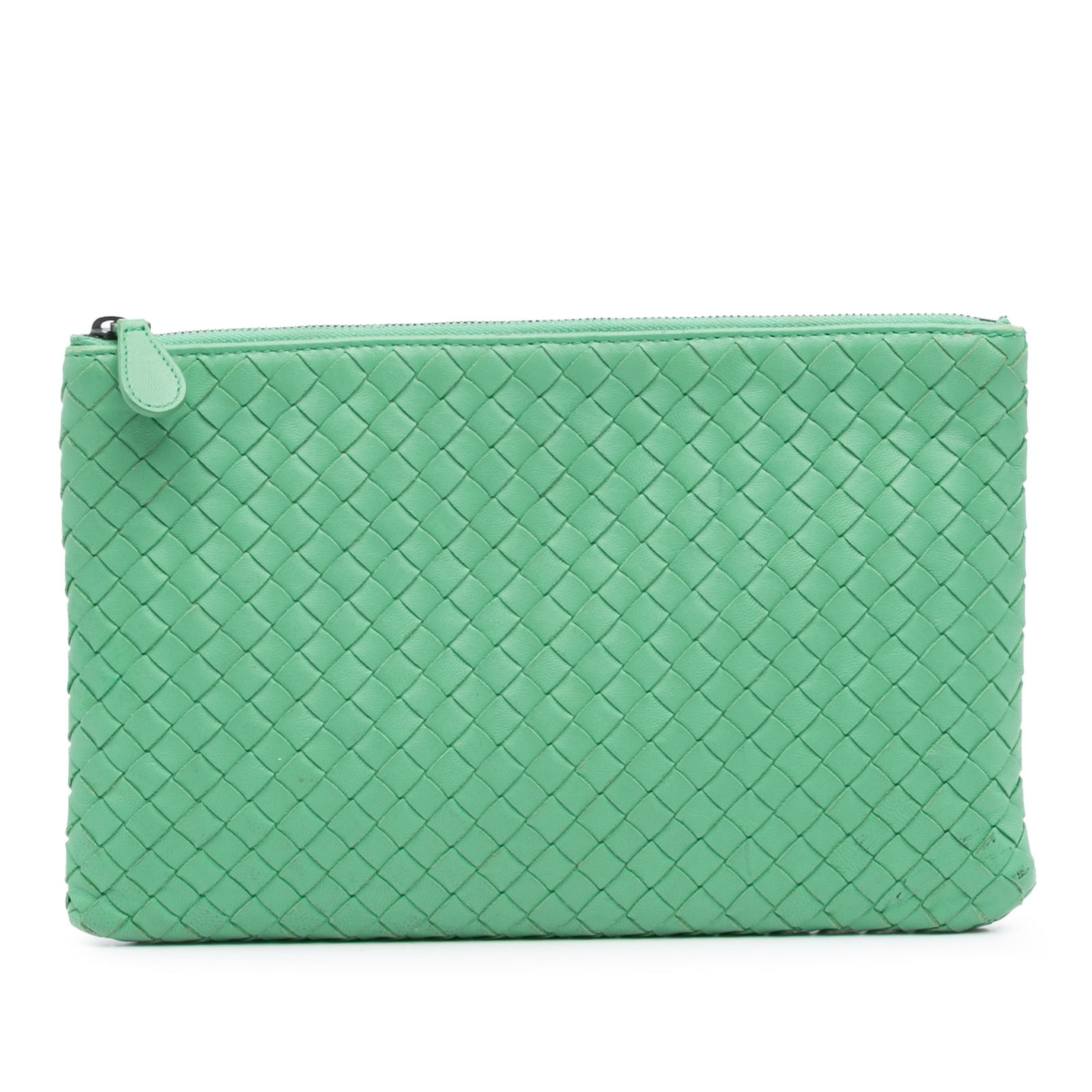 Bottega Veneta Green Nappa Intrecciato Leather Clutch Bag: Bottega Veneta Green Nappa Intrecciato Leather Clutch Bag This Bottega Veneta Nappa Intrecciato Clutch showcases a distinctive woven nappa leather construction, offering a stylish yet practical access