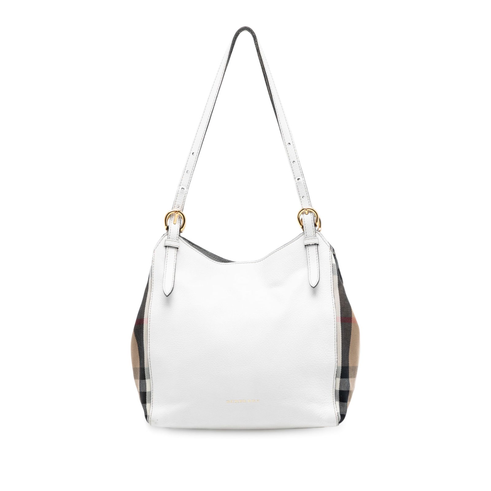 Small Canterbury Tote in Leather and House Check Canvas by Burberry: Small Canterbury Tote in Leather and House Check Canvas by Burberry This Burberry Small Leather and House Check Canvas Canterbury Tote features a leather body with signature house check canvas side