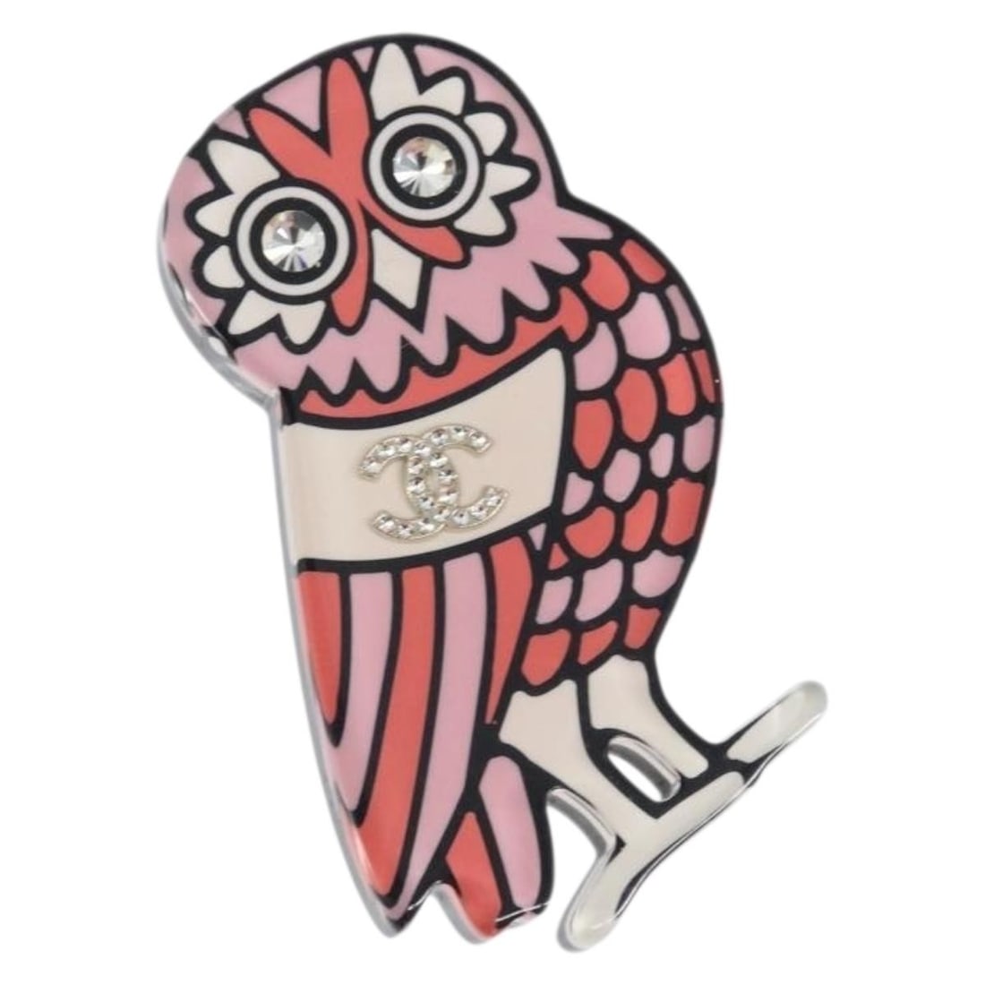 Pink Metal Owl Brooch with CC Motif by CHANEL: Pink Metal Owl Brooch with CC Motif by CHANEL This CHANEL brooch features a distinctive owl design crafted from pink-toned metal. Made in France, the piece displays the iconic CC logo and is in very g