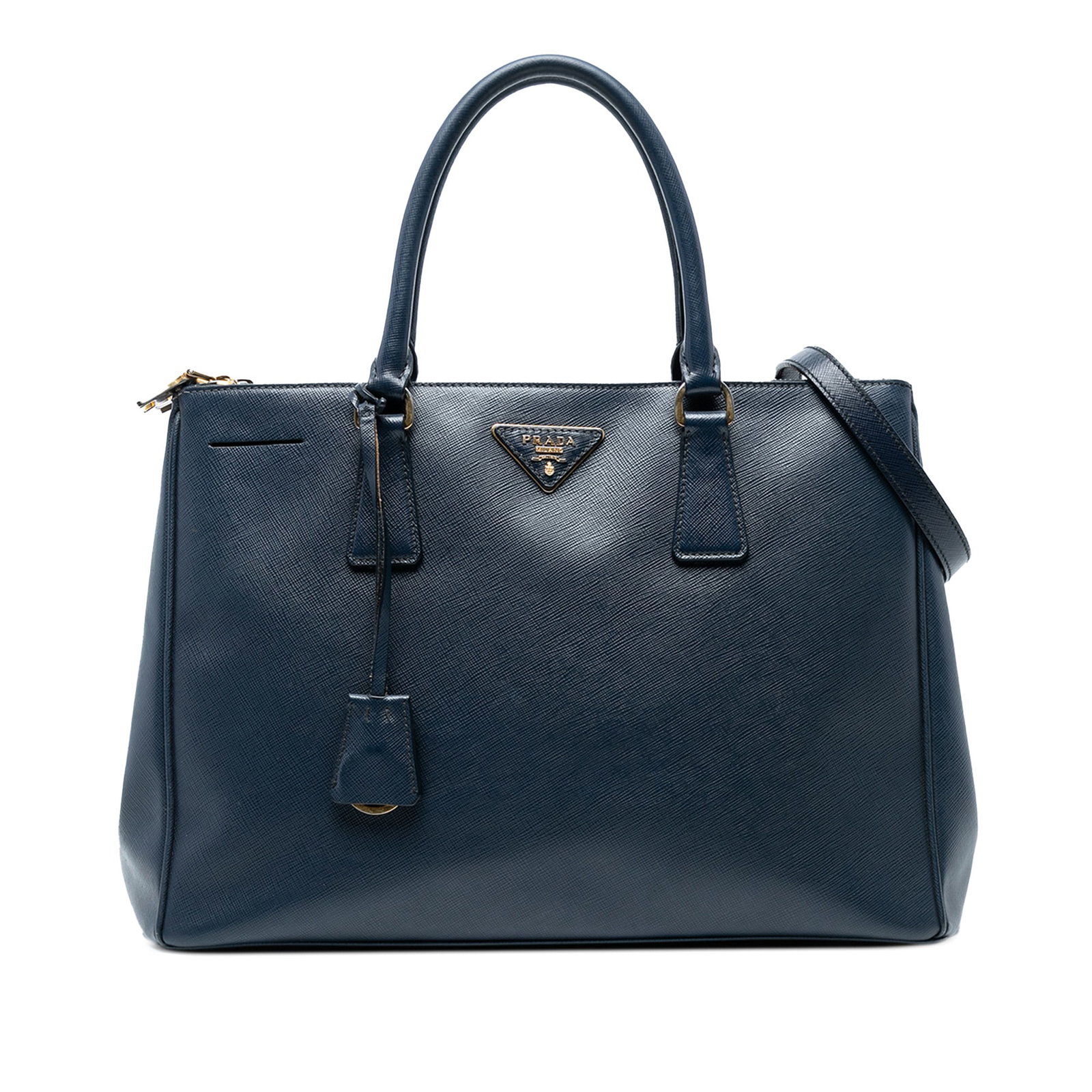 Prada Medium Saffiano Lux Galleria Double Zip Satchel Blue Italy: Prada Medium Saffiano Lux Galleria Double Zip Satchel Blue Italy Introducing the Prada Medium Saffiano Lux Galleria Double Zip Satchel, a sophisticated blend of elegance and practicality. Crafted from
