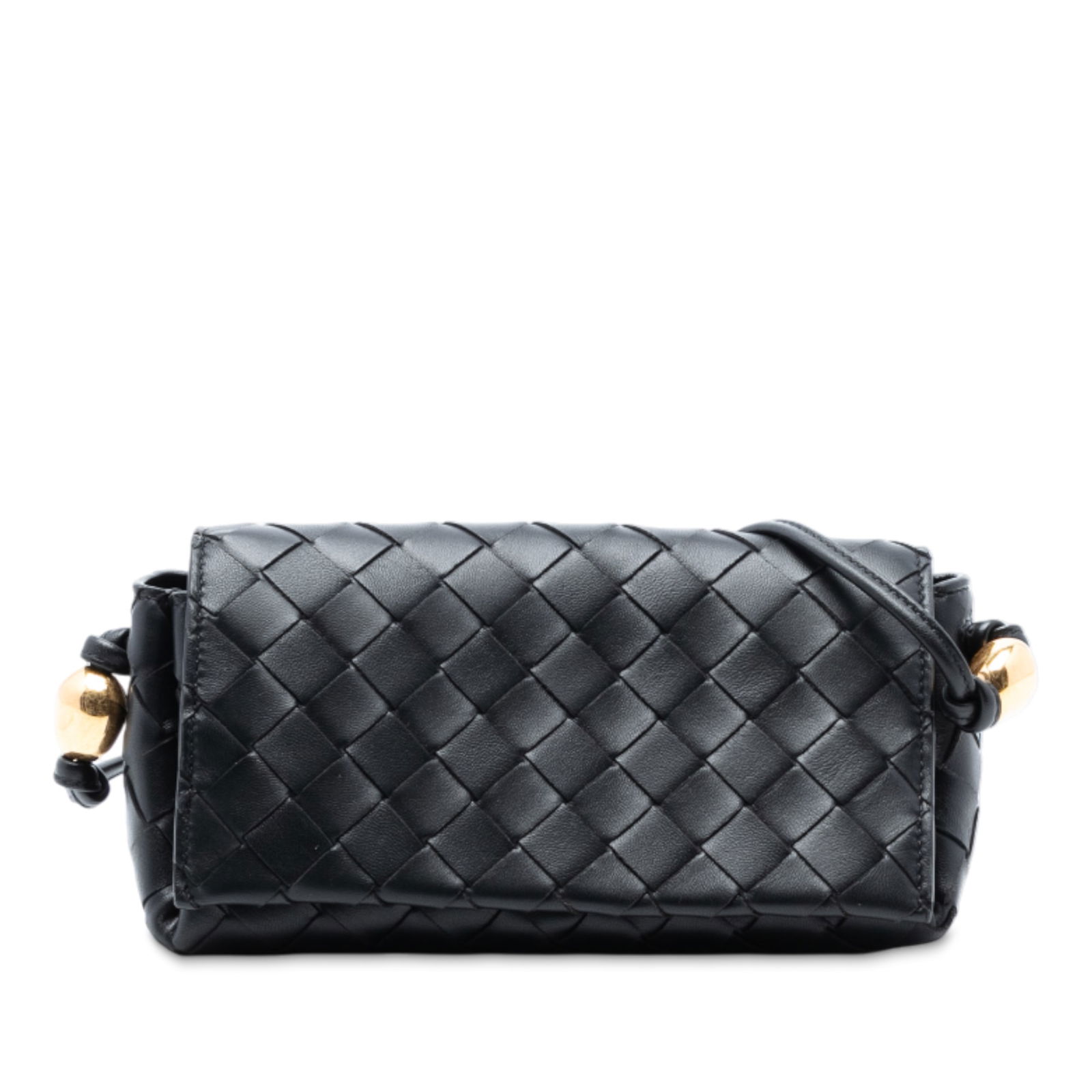 Nappa Leather Intrecciato Woven Crossbody Pouch with Strap by Bottega Veneta: Nappa Leather Intrecciato Woven Crossbody Pouch with Strap by Bottega Veneta This Bottega Veneta crossbody showcases a woven nappa leather body in black, complemented by a flat shoulder strap with att