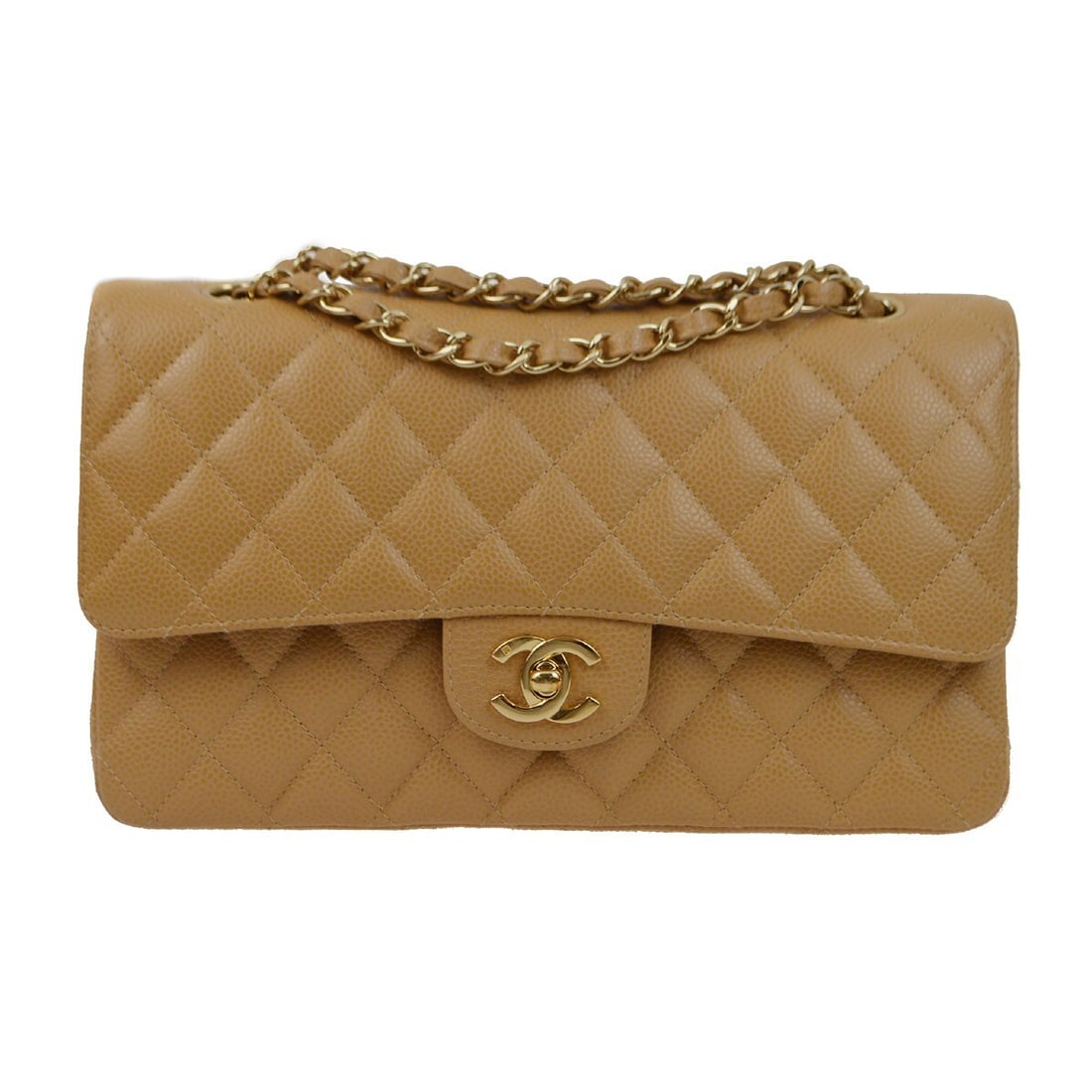 Chanel Beige Caviar Medium Classic Double Flap Shoulder Bag: Chanel Beige Caviar Medium Classic Double Flap Shoulder Bag Elevate your style with this Chanel Medium Classic Double Flap Bag, exquisitely crafted from luxurious caviar skin leather in a sophisticate