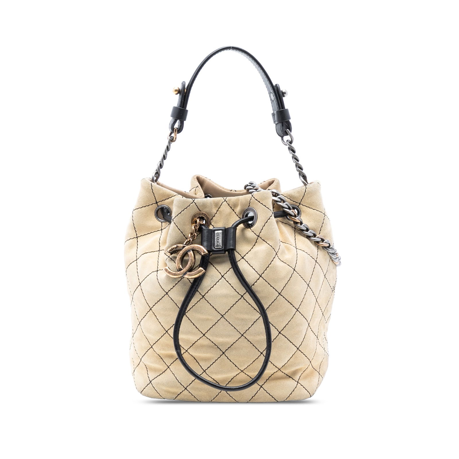 Brown Suede Chanel Wild Stitch CC Bucket Bag with Chain Strap: Brown Suede Chanel Wild Stitch CC Bucket Bag with Chain Strap This Chanel CC Suede Wild Stitch Bucket Bag features a brown suede leather body with signature wild stitch detailing, a flat leather handl