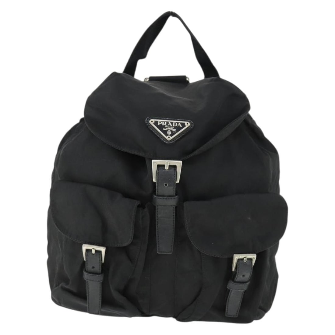 Nylon Prada Backpack with Dual Front Pockets Unisex Black: Nylon Prada Backpack with Dual Front Pockets Unisex Black This Prada Double Front Pocket Backpack is crafted from black nylon with leather accents, designed for unisex use. It features multiple exteri