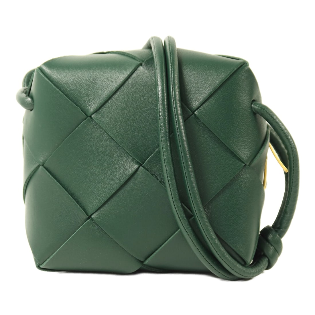 Bottega Veneta Cassette Green Lambskin Shoulder Bag with Gold Hardware: Bottega Veneta Cassette Green Lambskin Shoulder Bag with Gold Hardware This Bottega Veneta Cassette Camera shoulder bag features a green lambskin leather exterior and gold tone hardware. The bag is cr
