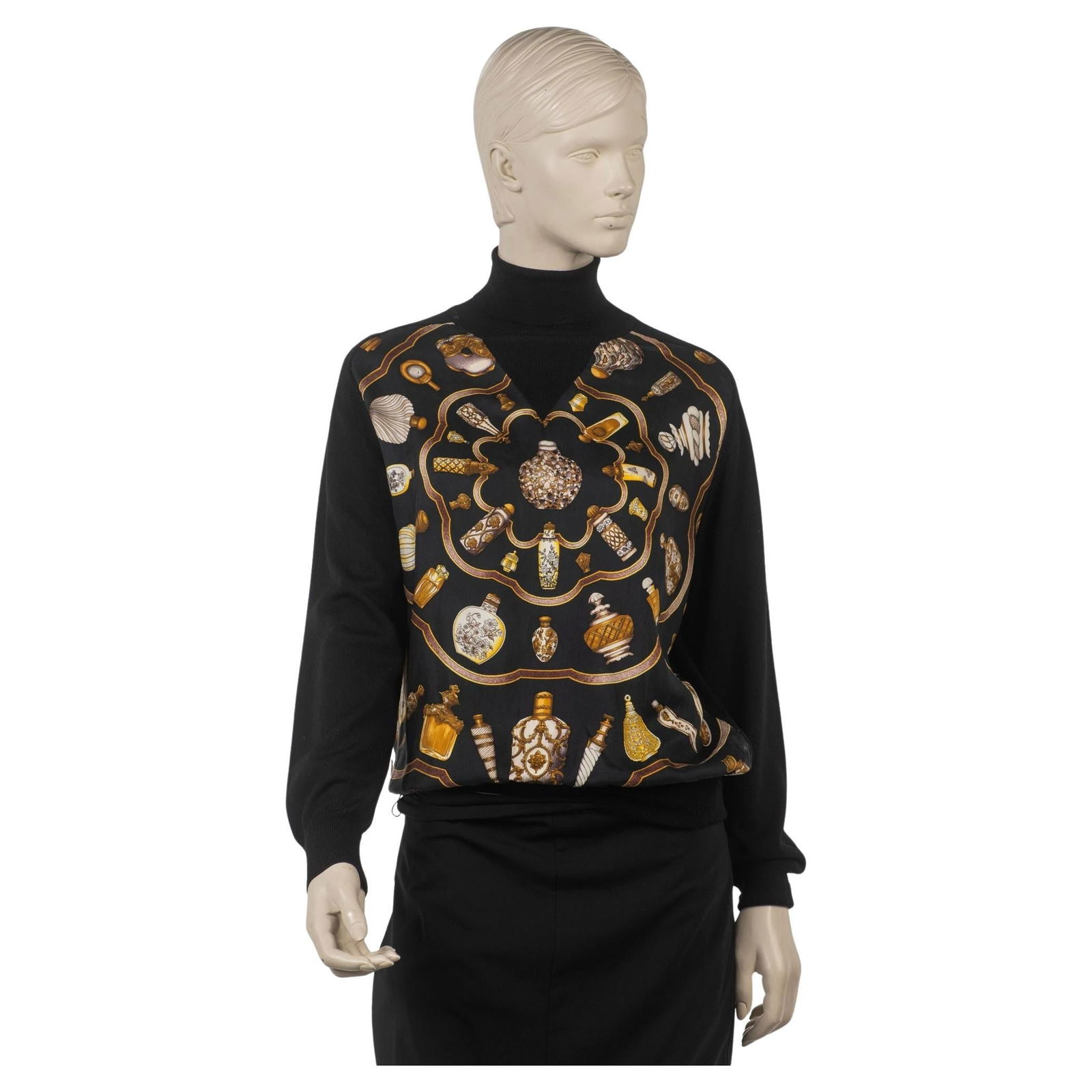 Hermes Qu'Importe Le Flacon Silk Sweater Italy 21st Century: Hermes Qu'Importe Le Flacon Silk Sweater Italy 21st Century Experience luxury with the Hermes "Qu'Importe Le Flacon" Sweater, a stunning piece that showcases a unique design featuring perfume bottles,