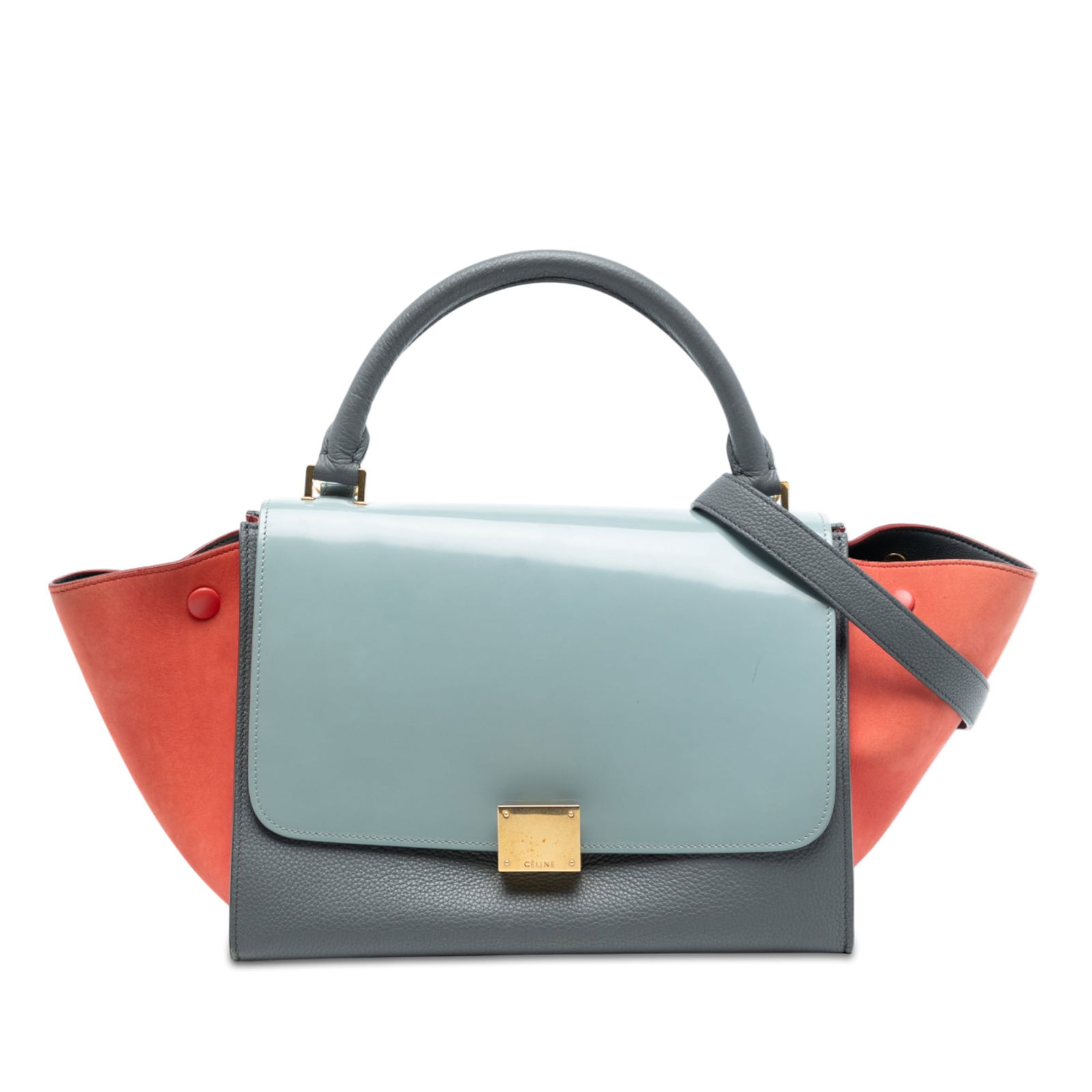 Celine Trapeze Small Satchel in Tricolor Leather with Suede Panels: Celine Trapeze Small Satchel in Tricolor Leather with Suede Panels This Celine Small Tricolor Leather Trapeze Satchel features a leather body with suede leather side panels, a rolled leather top handl