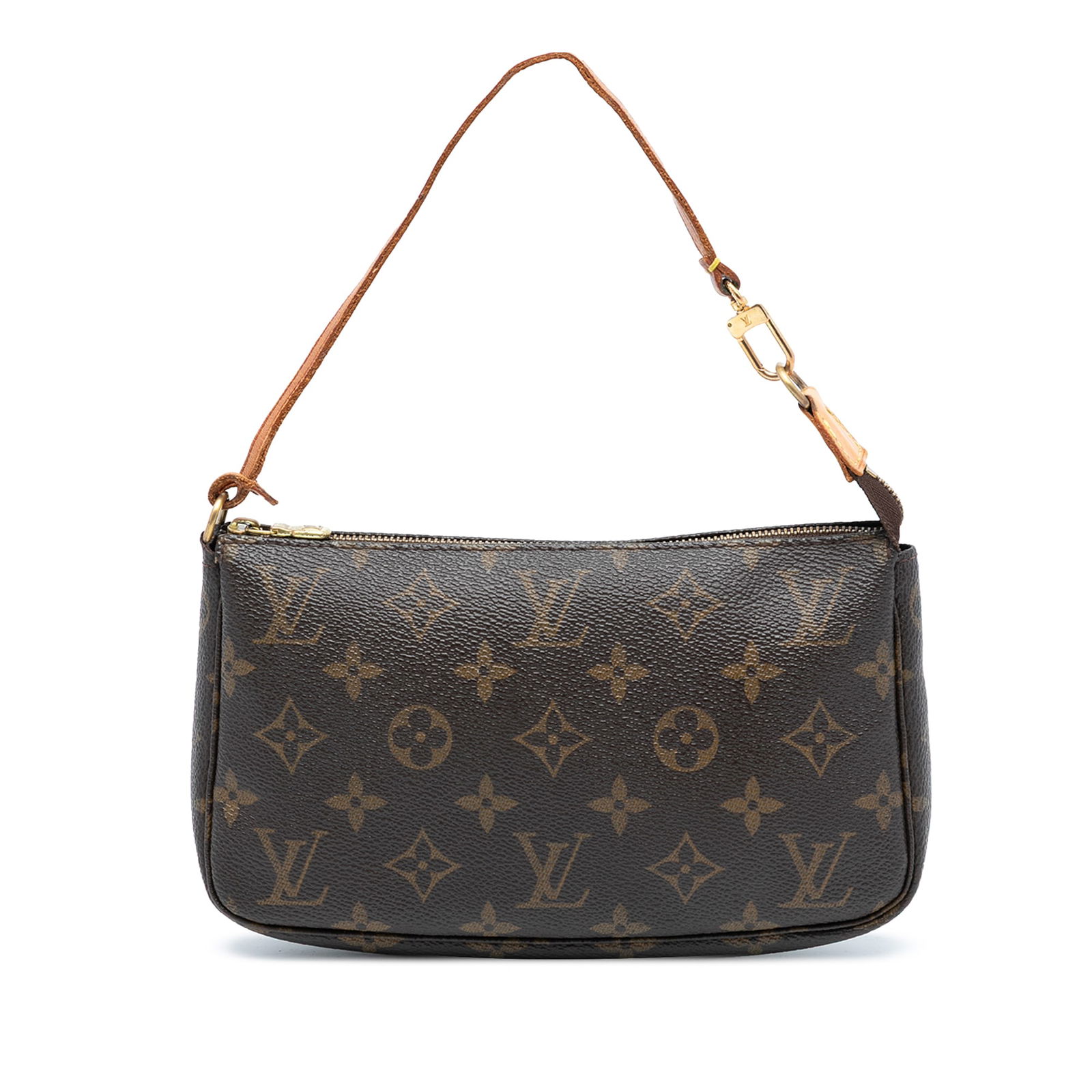 Louis Vuitton brown monogram canvas Pochette Accessoires handbag with leather strap: Louis Vuitton brown monogram canvas Pochette Accessoires handbag with leather strap This Louis Vuitton Monogram Pochette Accessoires features the signature monogram canvas body with a flat vachetta le