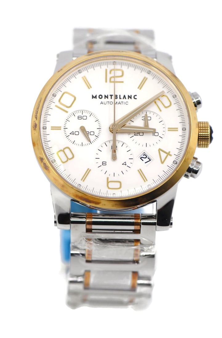 Montblanc Timewalker Chronograph 18K Gold Stainless Steel Watch 107320 with Box and Papers: Montblanc Timewalker Chronograph 18K Gold Stainless Steel Watch 107320 with Box and Papers Experience the elegance of the Montblanc Timewalker Chronograph, a stunning wristwatch that combines the luxu