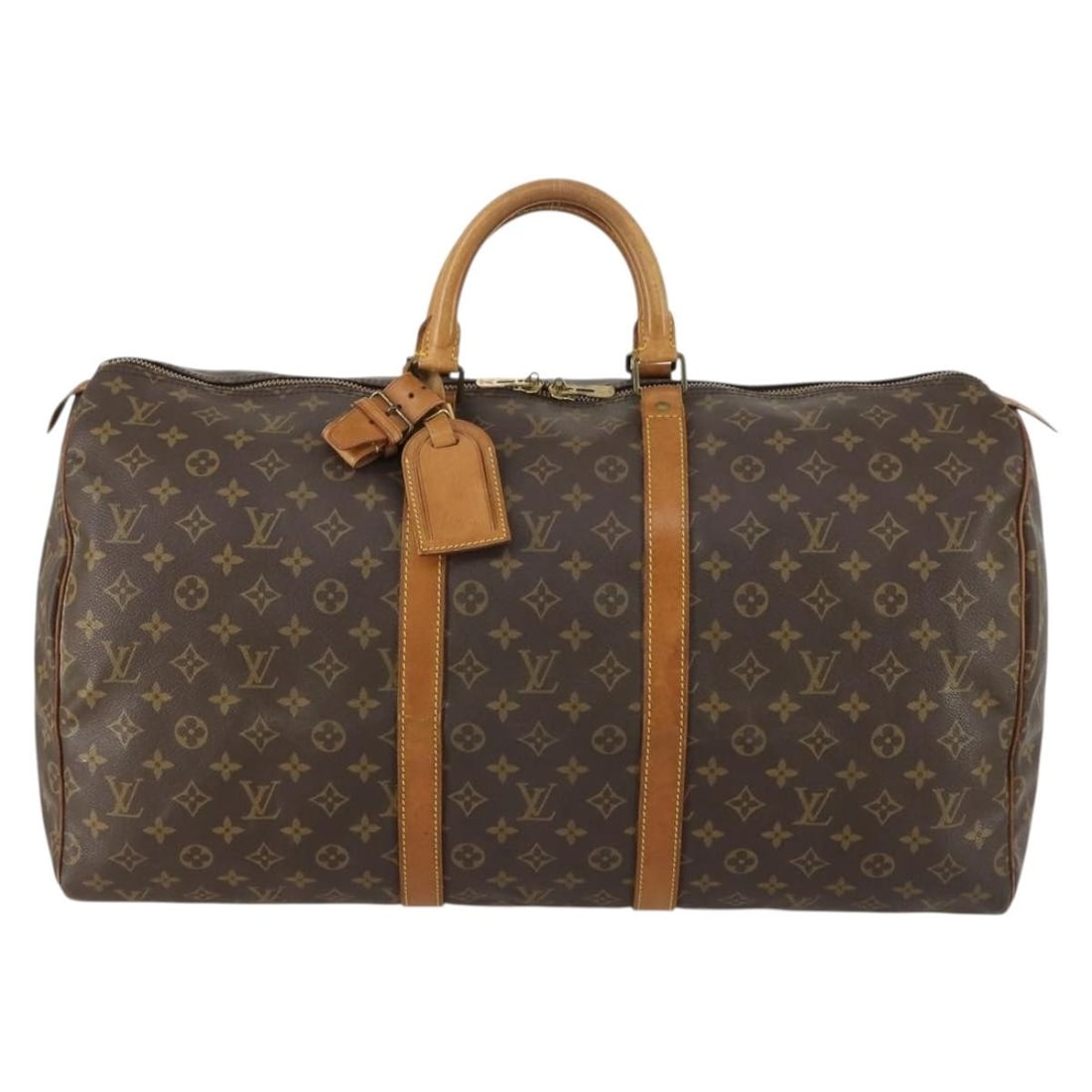Louis Vuitton Keepall Travel Bag Monogram Brown Canvas France: Louis Vuitton Keepall Travel Bag Monogram Brown Canvas France This Louis Vuitton Keepall Bag features the iconic brown monogram canvas and is designed for unisex use. The bag shows signs of use, inclu
