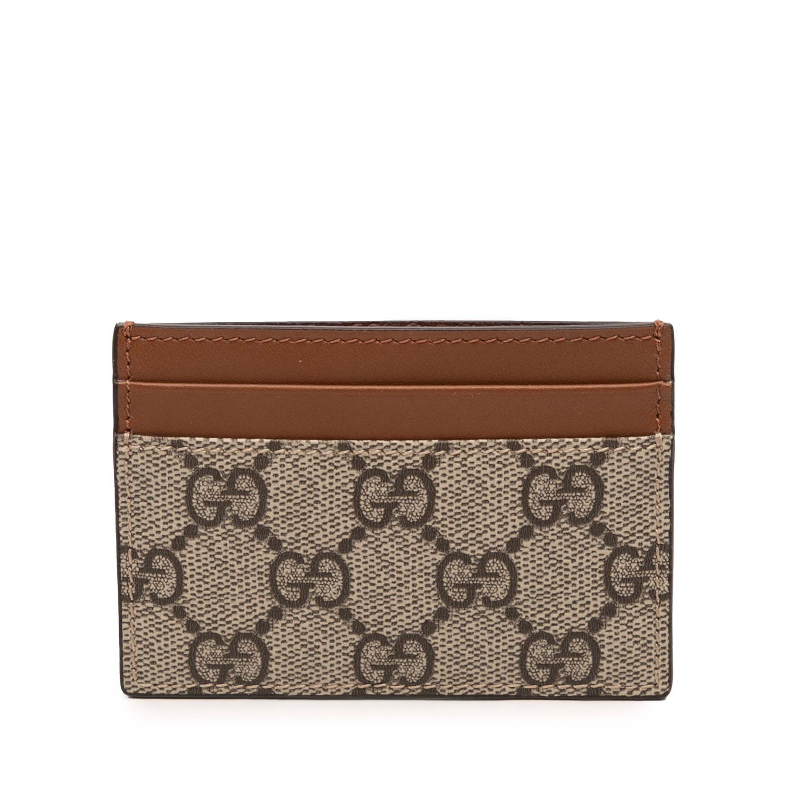 Gucci GG Supreme Brown Canvas Leather Trim Card Case Italy: Gucci GG Supreme Brown Canvas Leather Trim Card Case Italy This Gucci GG Supreme card holder features a coated canvas body with leather trim and multiple card slots. Designed in a classic brown color,