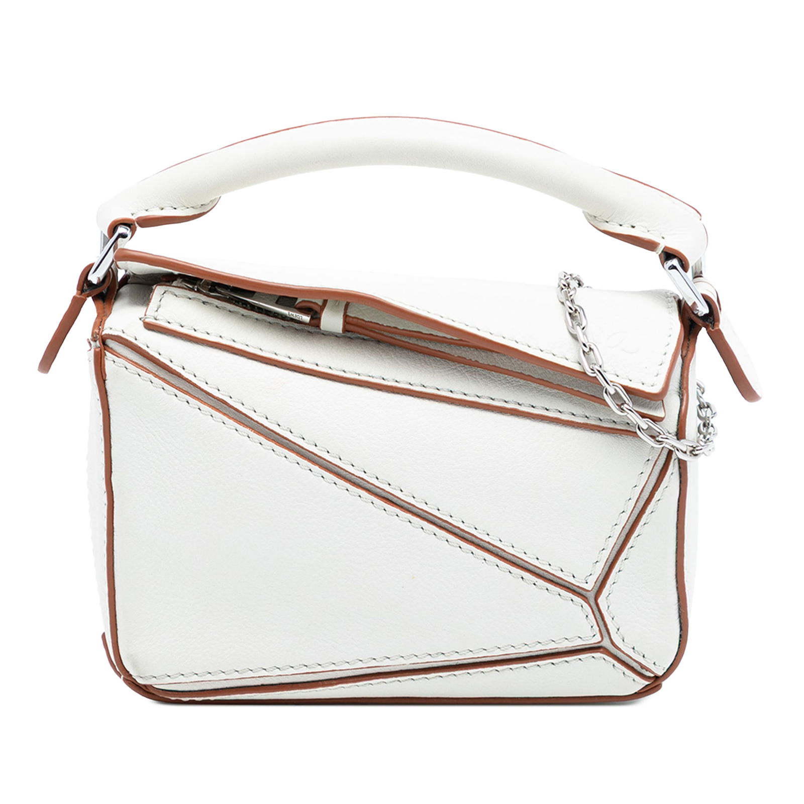 LOEWE Puzzle Nano White Leather Satchel with Detachable Chain Strap: LOEWE Puzzle Nano White Leather Satchel with Detachable Chain Strap This LOEWE Nano Calfskin Puzzle Satchel features a white leather body with a rolled leather top handle and a detachable chain link s