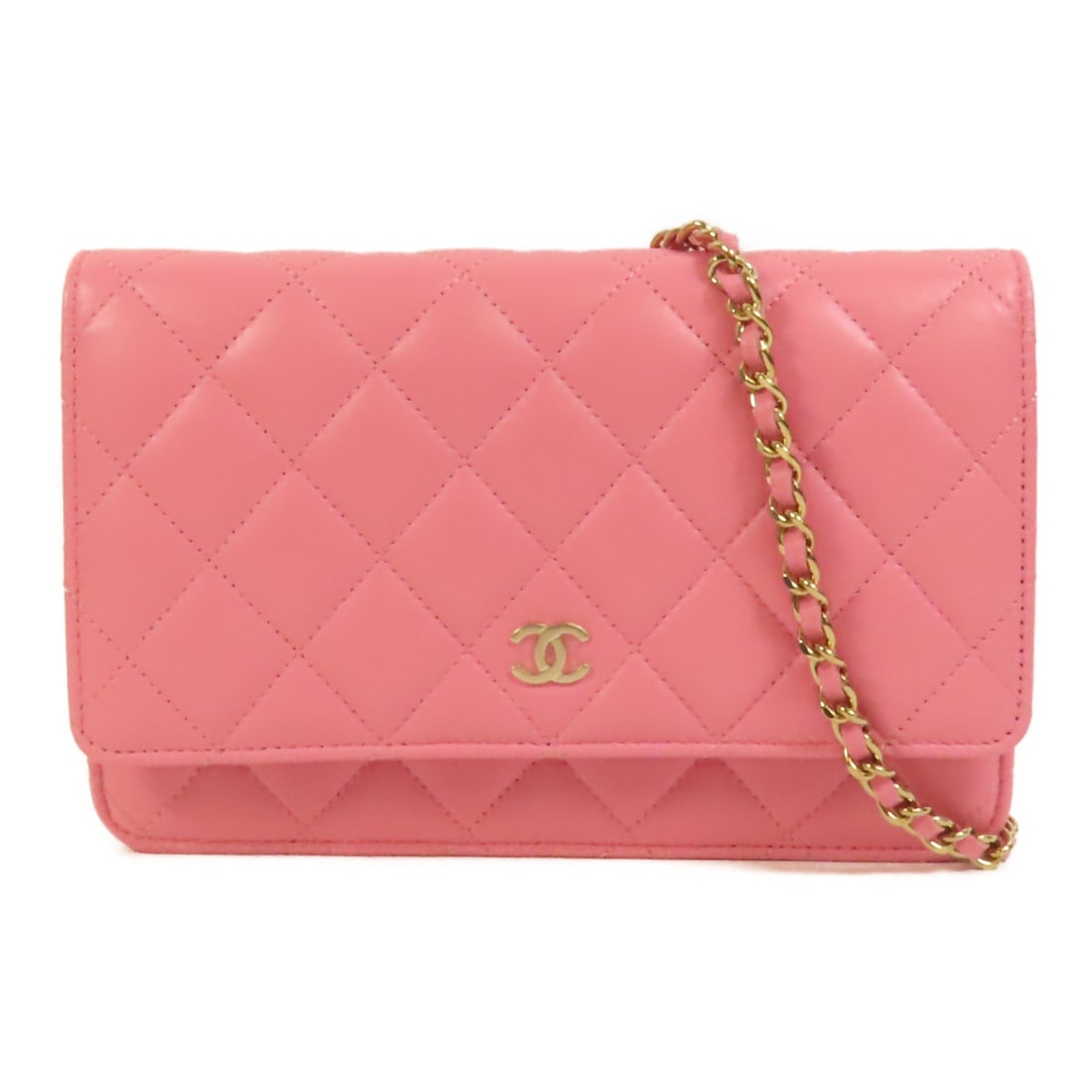 Chanel Pink Lambskin Wallet on Chain Shoulder Bag with CC Logo and Gold Hardware: Chanel Pink Lambskin Wallet on Chain Shoulder Bag with CC Logo and Gold Hardware This Chanel CC Wallet On Chain (WOC) shoulder bag is crafted from pink lambskin leather and features a classic, compact