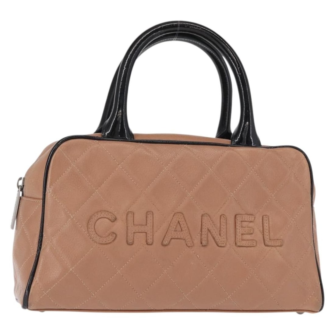 Beige Leather Bowler Purse with Embossed Logo by Chanel: Beige Leather Bowler Purse with Embossed Logo by Chanel This Chanel Embossed Logo Bowler Bag features quilted caviar leather in beige and is designed for women. The bag showcases Chanel's signature em