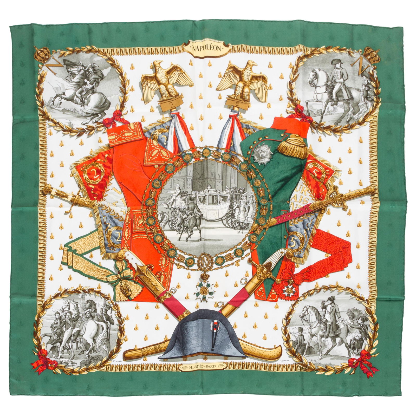 Hermes Green Silk Twill Napoleon Scarf by Ledoux 35 in: Hermes Green Silk Twill Napoleon Scarf by Ledoux 35 in This exquisite Hermes Green Napoleon Silk Scarf features a stunning design by Ledoux, crafted from luxurious silk twill. With hand-rolled edges,