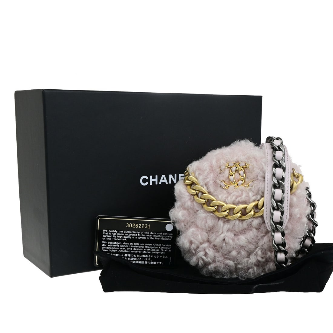 Chanel Leather Round 19 Clutch Pink with Chain Strap: Chanel Leather Round 19 Clutch Pink with Chain Strap This Chanel 19 Round Clutch features a quilted shearling leather design in pink with a chain strap. Crafted in Italy, it offers a compact size suit