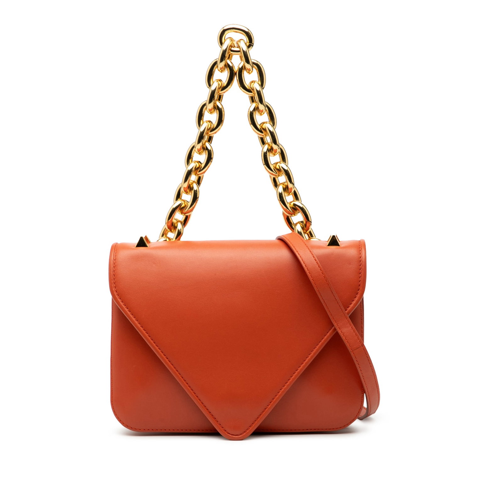 Bottega Veneta Mount Envelope Small Orange Leather Chain Shoulder Bag: Bottega Veneta Mount Envelope Small Orange Leather Chain Shoulder Bag This Bottega Veneta Small Leather Mount Envelope Chain Bag features an orange leather body with a gold-tone chain handle and a det