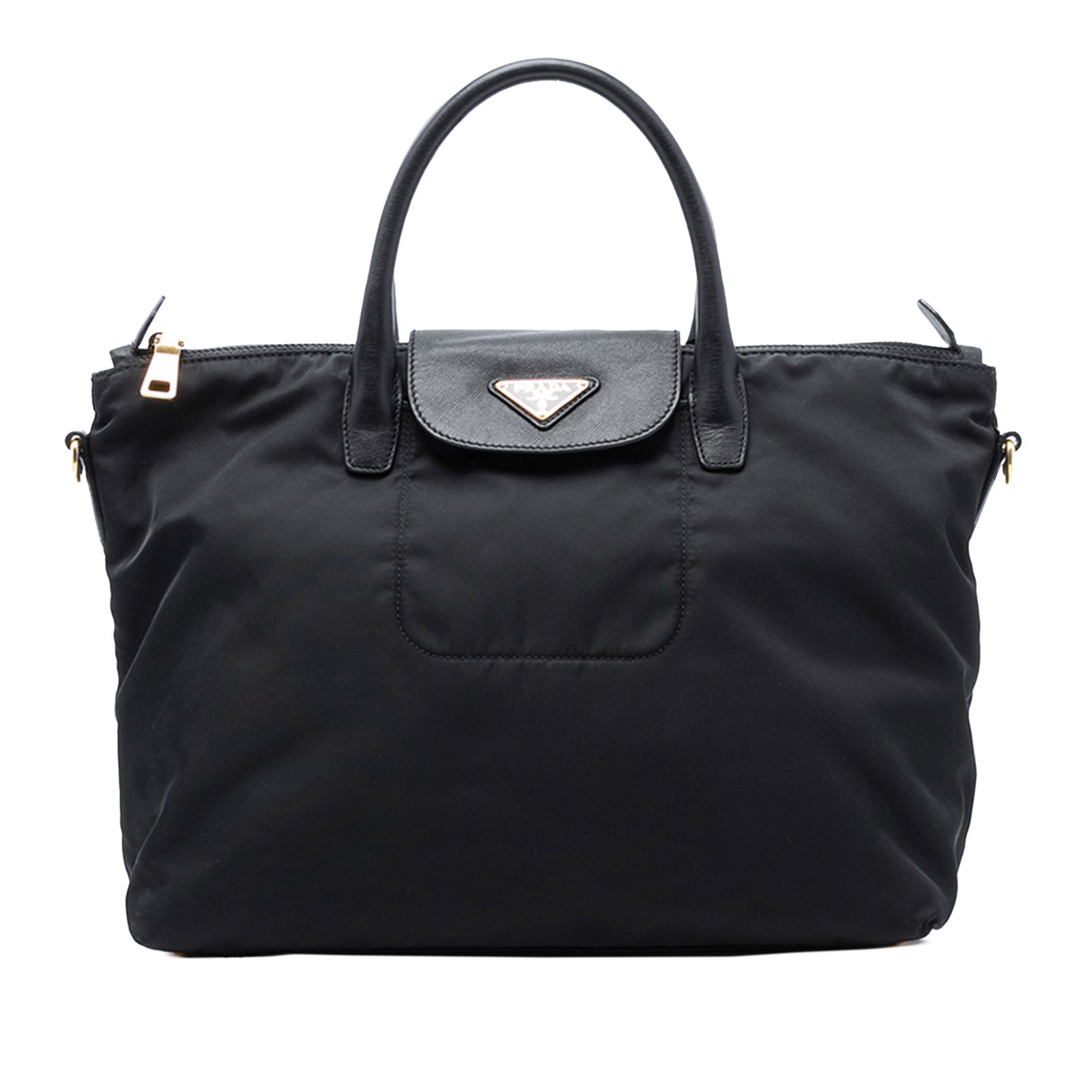 Prada Tessuto Nylon Satchel with Saffiano Leather Trim: Prada Tessuto Nylon Satchel with Saffiano Leather Trim This Prada Saffiano Trimmed Tessuto Satchel features a durable nylon body with saffiano leather trim and rolled leather handles. It is designed w