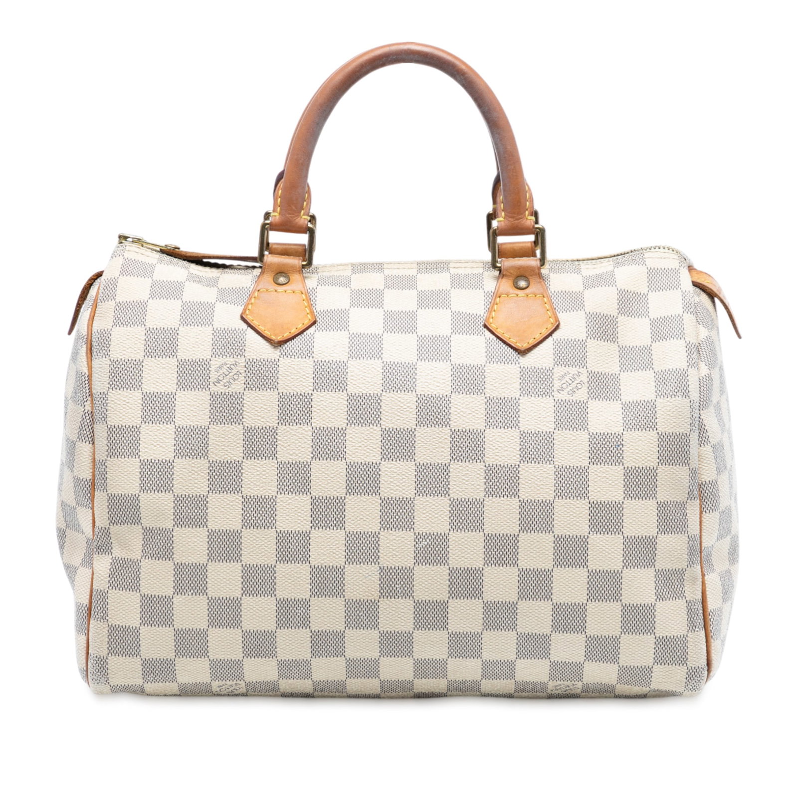 Louis Vuitton Speedy 30 Handbag in Damier Azur Canvas with Leather Trim: Louis Vuitton Speedy 30 Handbag in Damier Azur Canvas with Leather Trim This Louis Vuitton Speedy 30 features the signature Damier Azur canvas with vachetta leather trim and rolled vachetta leather ha