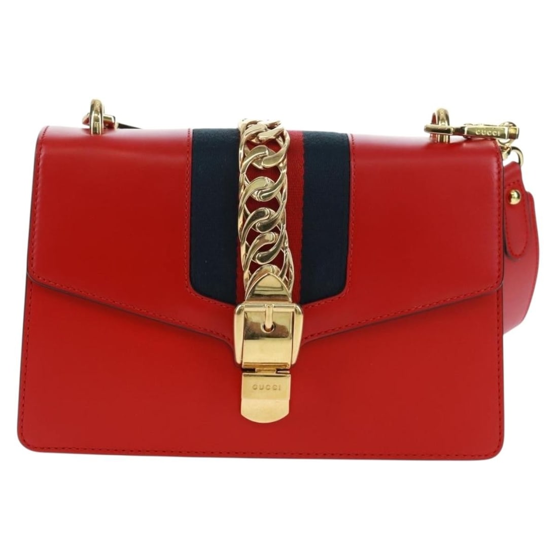 Red Leather Gucci Sylvie Shoulder Bag 25cm x 15cm x 5cm: Red Leather Gucci Sylvie Shoulder Bag 25cm x 15cm x 5cm The Gucci Sylvie Shoulder Bag is crafted from red leather and designed for women. It features slight rubbing on the surface, shoulder strap, and