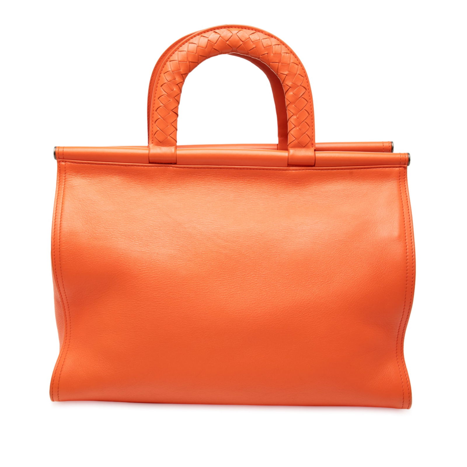 Bottega Veneta Intrecciato Orange Leather Frame Top Handle Handbag: Bottega Veneta Intrecciato Orange Leather Frame Top Handle Handbag This Bottega Veneta handbag features a leather body with the signature Intrecciato woven leather top handles, a frame top closure, an