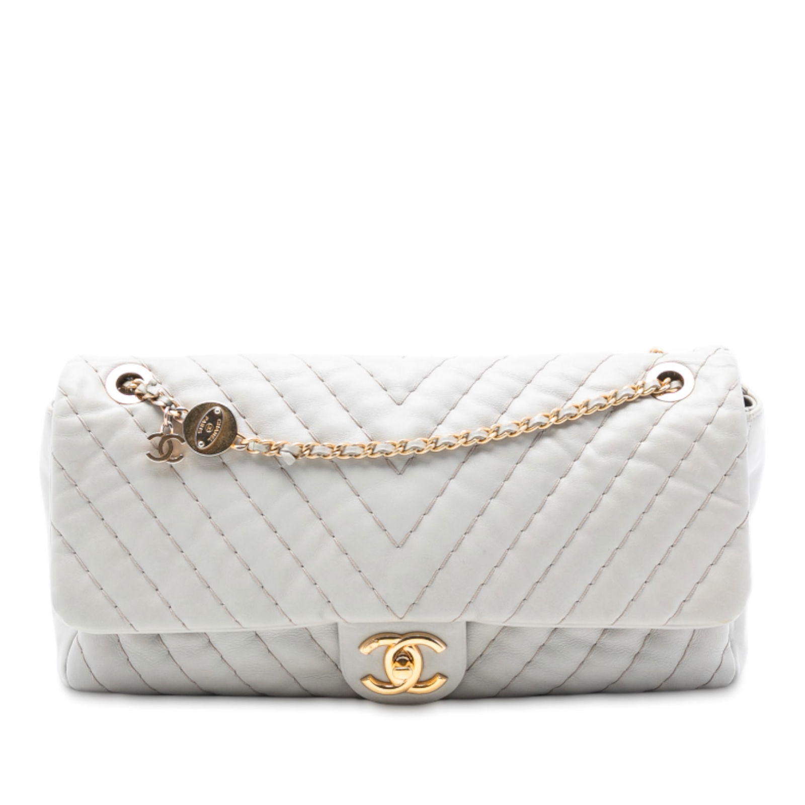 White Chanel Jumbo Chevron Surpique Calfskin Quilted Leather Shoulder Bag (1 of 7)