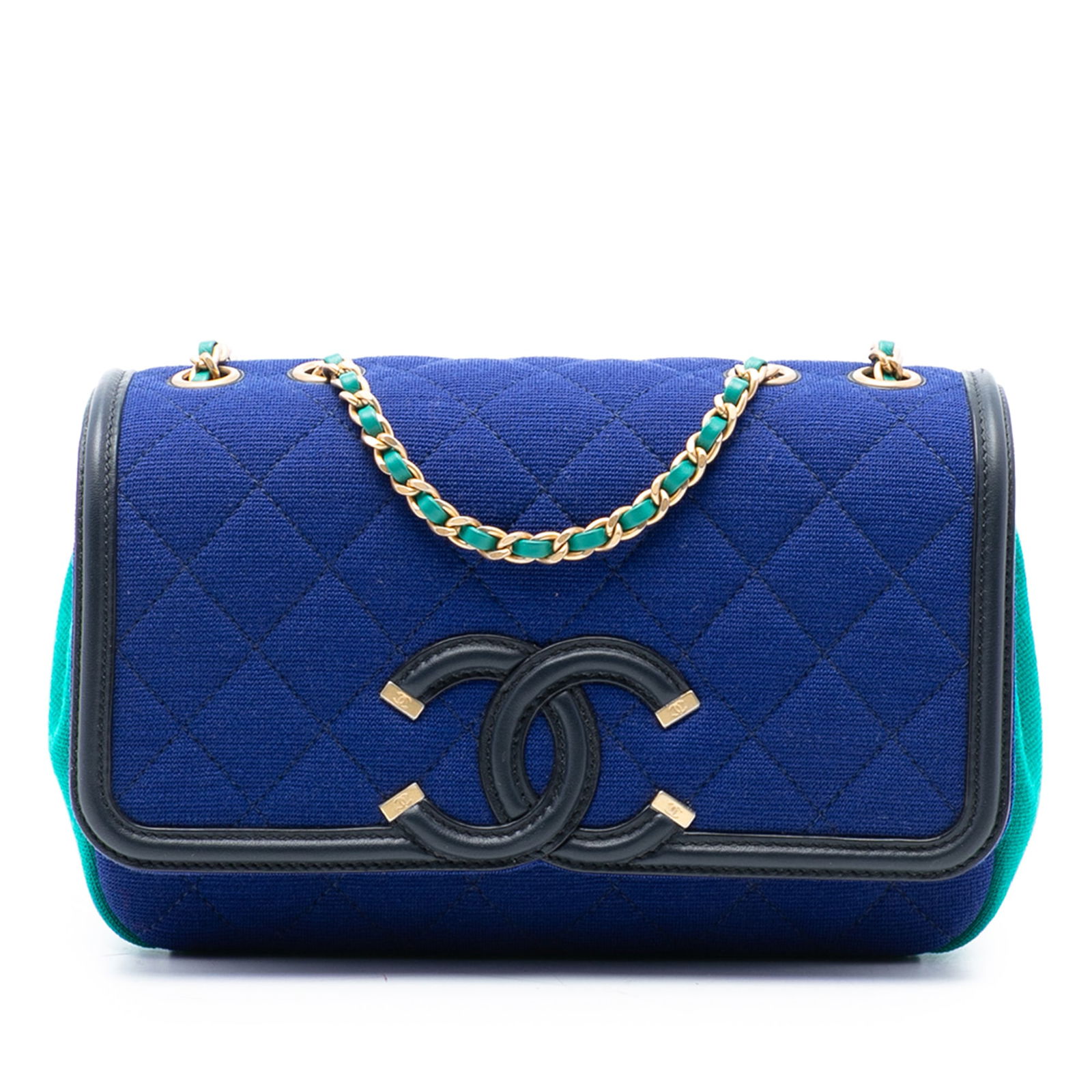 Chanel Blue Quilted Jersey Small CC Filigree Shoulder Bag with Leather Trim: Chanel Blue Quilted Jersey Small CC Filigree Shoulder Bag with Leather Trim This Chanel Small CC Filigree Flap Bag features a quilted jersey body with leather trim and a leather-woven chain shoulder s