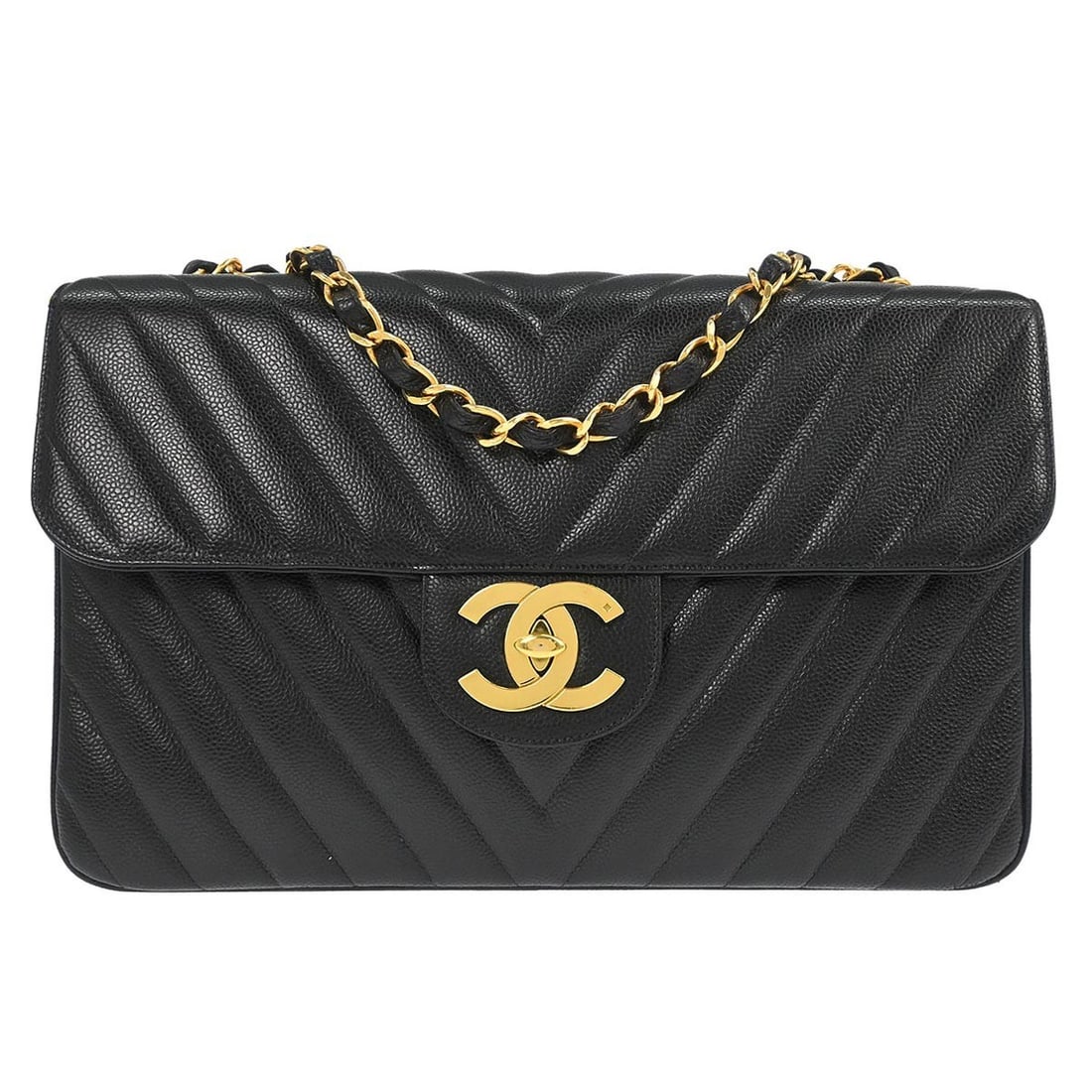 Chanel Maxi Chevron Quilted Black Leather Classic Flap Double Chain Shoulder Bag (1 of 10)