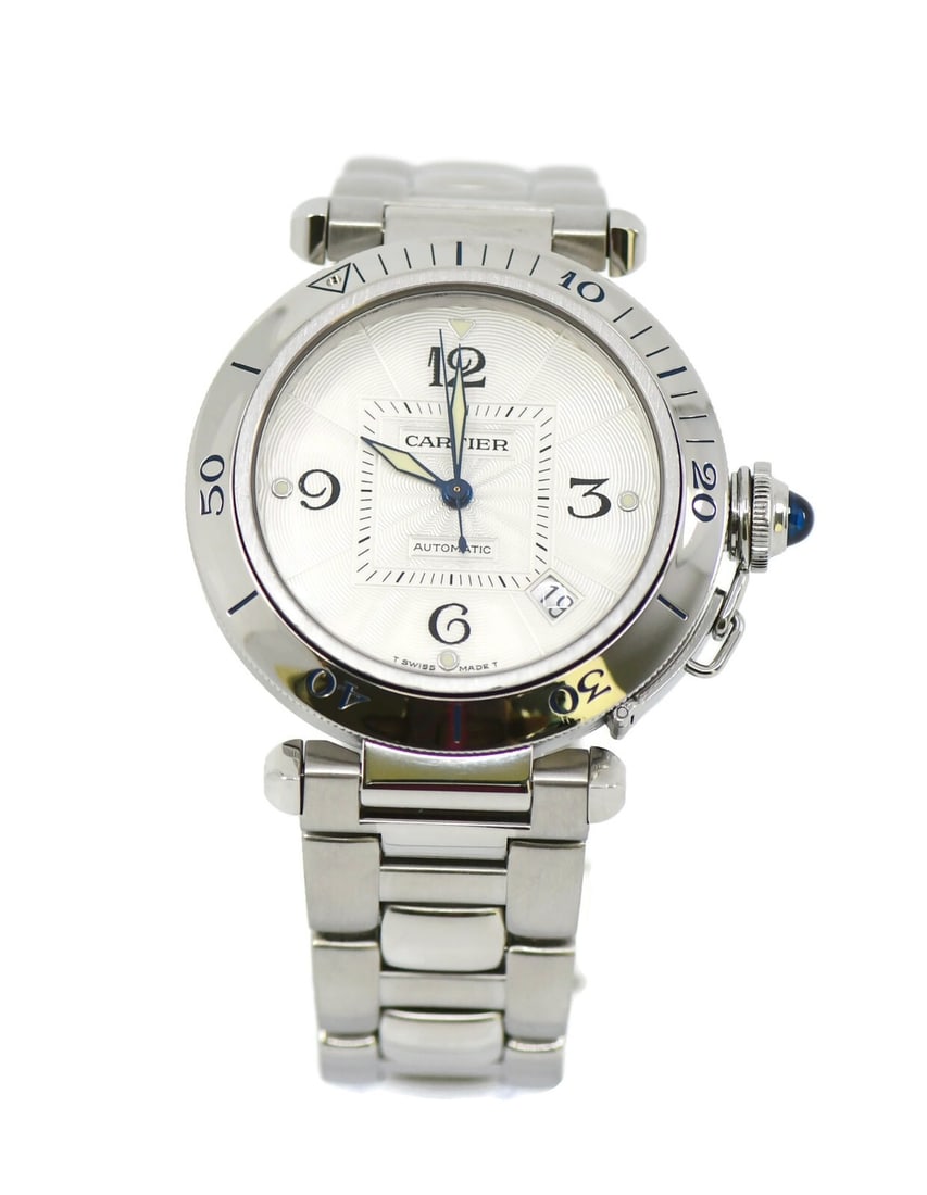 Cartier Pasha W31031H3 Stainless Steel Automatic Watch with Box: Cartier Pasha W31031H3 Stainless Steel Automatic Watch with Box Experience luxury with the Cartier Pasha Stainless Steel Watch, a timeless wristwatch that features a sleek silver dial and robust stain