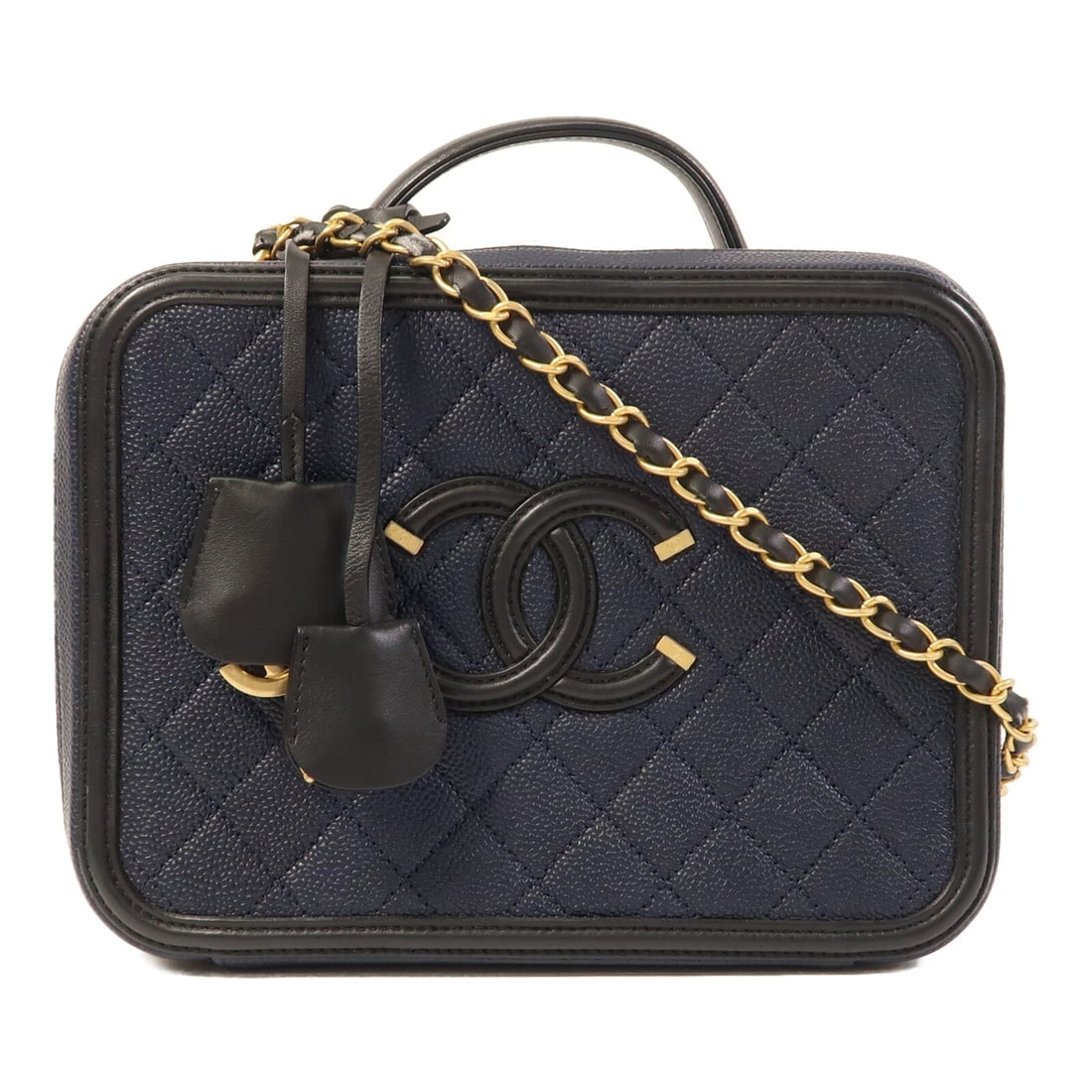 CHANEL Navy Calfskin Filigree CC Vanity Case Shoulder Bag A93344 Gold Hardware: CHANEL Navy Calfskin Filigree CC Vanity Case Shoulder Bag A93344 Gold Hardware This CHANEL CC Filigree Vanity Case offers versatile styling as a 2-way shoulder bag. Crafted from calfskin leather in a