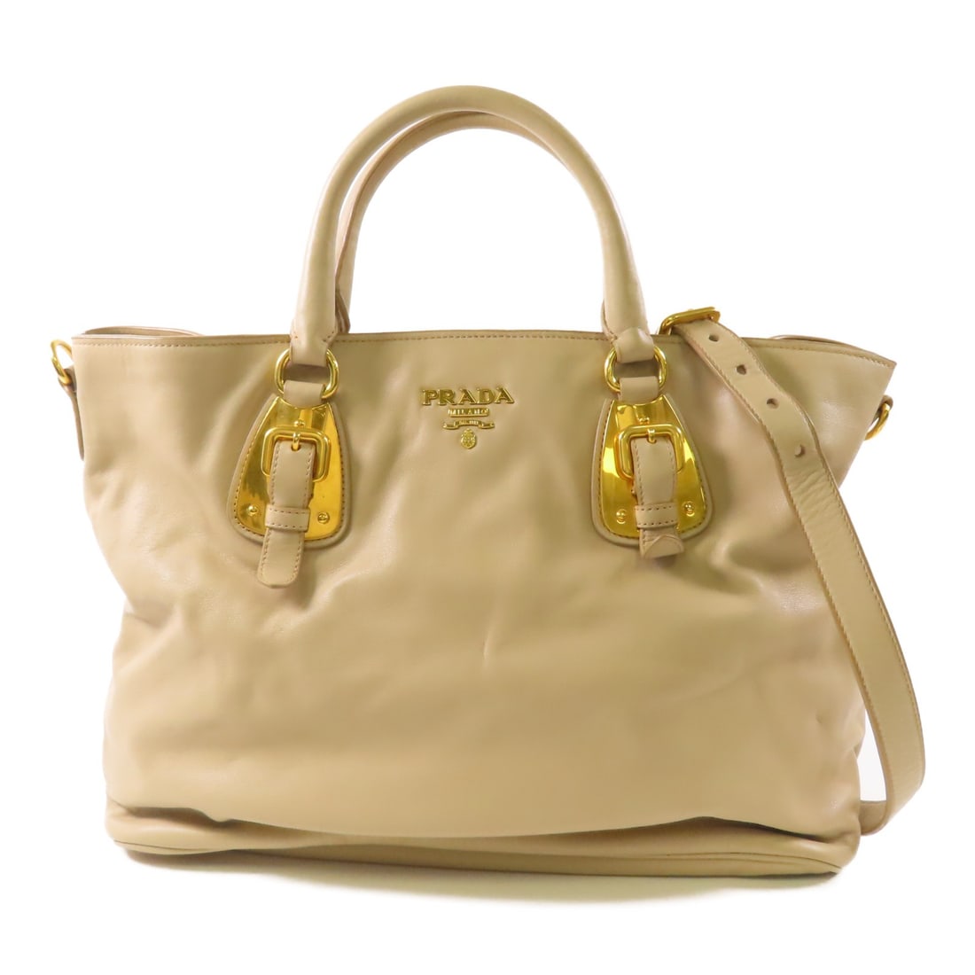 PRADA GHW 2 Way Shoulder Bag BN1902 Beige Calfskin Tote: PRADA GHW 2 Way Shoulder Bag BN1902 Beige Calfskin Tote Elevate your style with this elegant PRADA GHW Shopping Tote, a versatile 2-way shoulder bag crafted from luxurious calfskin leather. Featuring