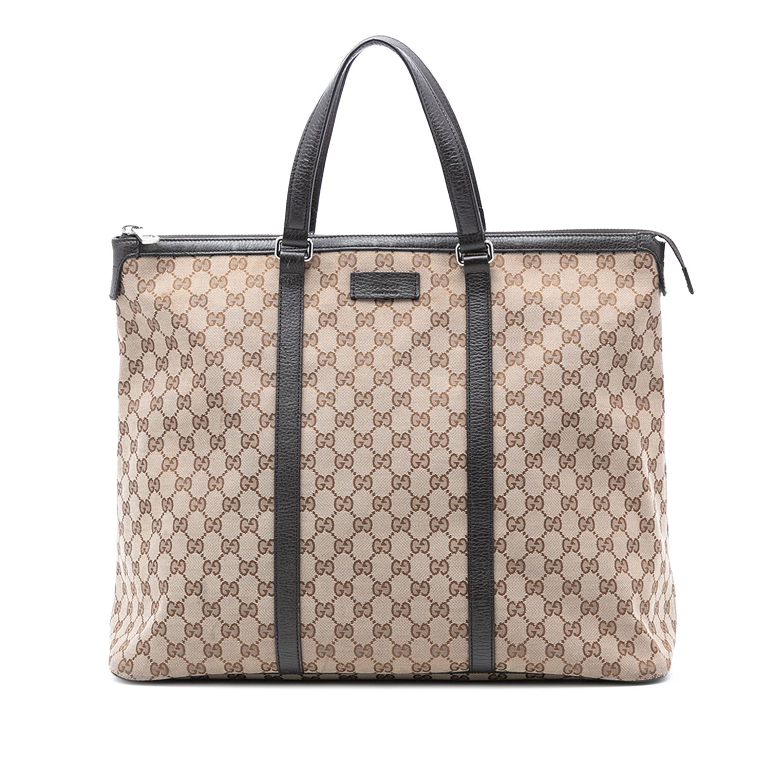 Brown Canvas Tote Bag with Leather Trim by Gucci GG Collection: Brown Canvas Tote Bag with Leather Trim by Gucci GG Collection This Gucci GG Canvas Tote features a brown canvas body with leather trim, flat leather shoulder straps, a top zip closure, and interior z