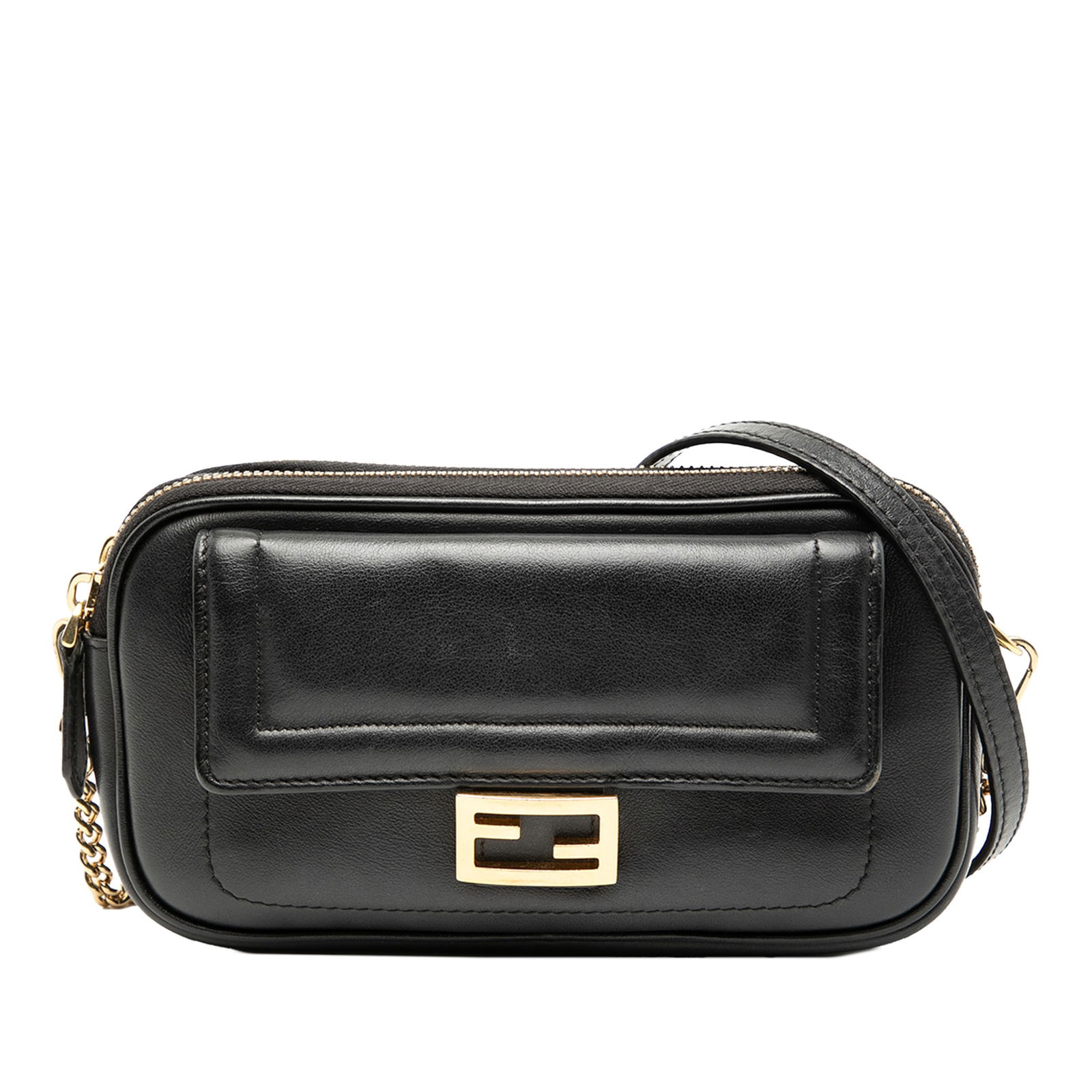 Fendi Easy 2 Baguette Black Leather Chain Strap Crossbody Bag: Fendi Easy 2 Baguette Black Leather Chain Strap Crossbody Bag This Fendi Leather Easy 2 Baguette Crossbody features a black leather body with a chain link shoulder strap and leather guard. The design