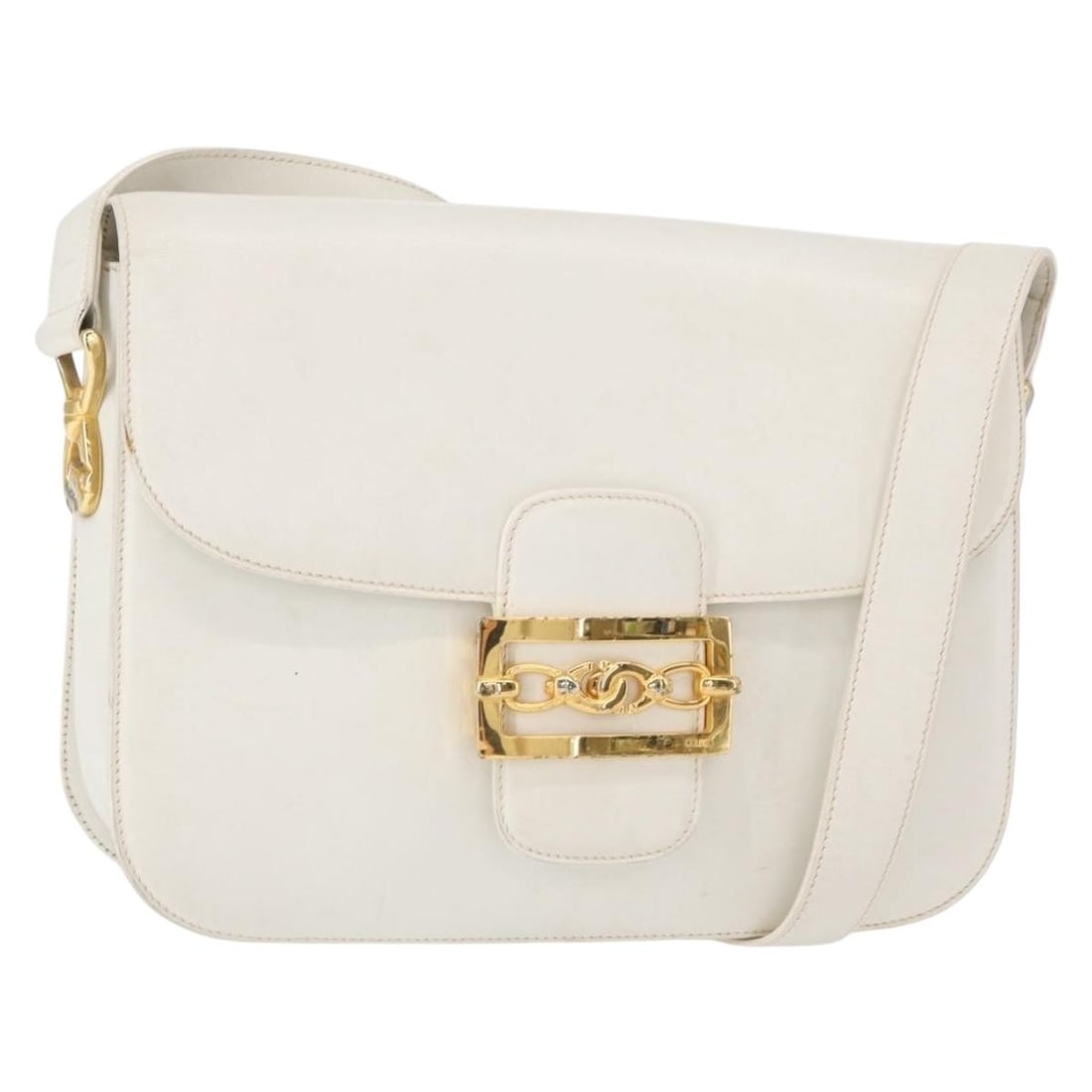 White Leather Shoulder Bag by Celine Vintage Model: White Leather Shoulder Bag by Celine Vintage Model This vintage white leather shoulder bag by Celine is designed for women. It features a compact rectangular shape ideal for everyday use. The bag show